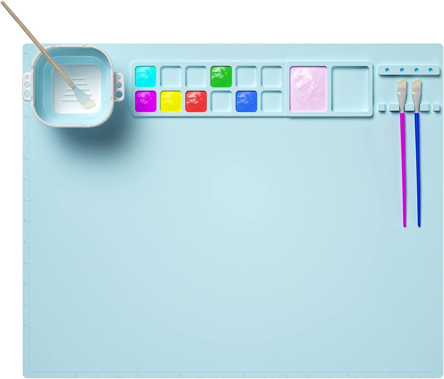 Silicone Craft Mat, 20&times;16 Inches Silicone Painting Mat with Water Cup and Paint Holder, Silicone Artist Mats for Crafts, Painting, Art, Clay, Silicone Sheets Creater Mat for DIY Projects (Blue)