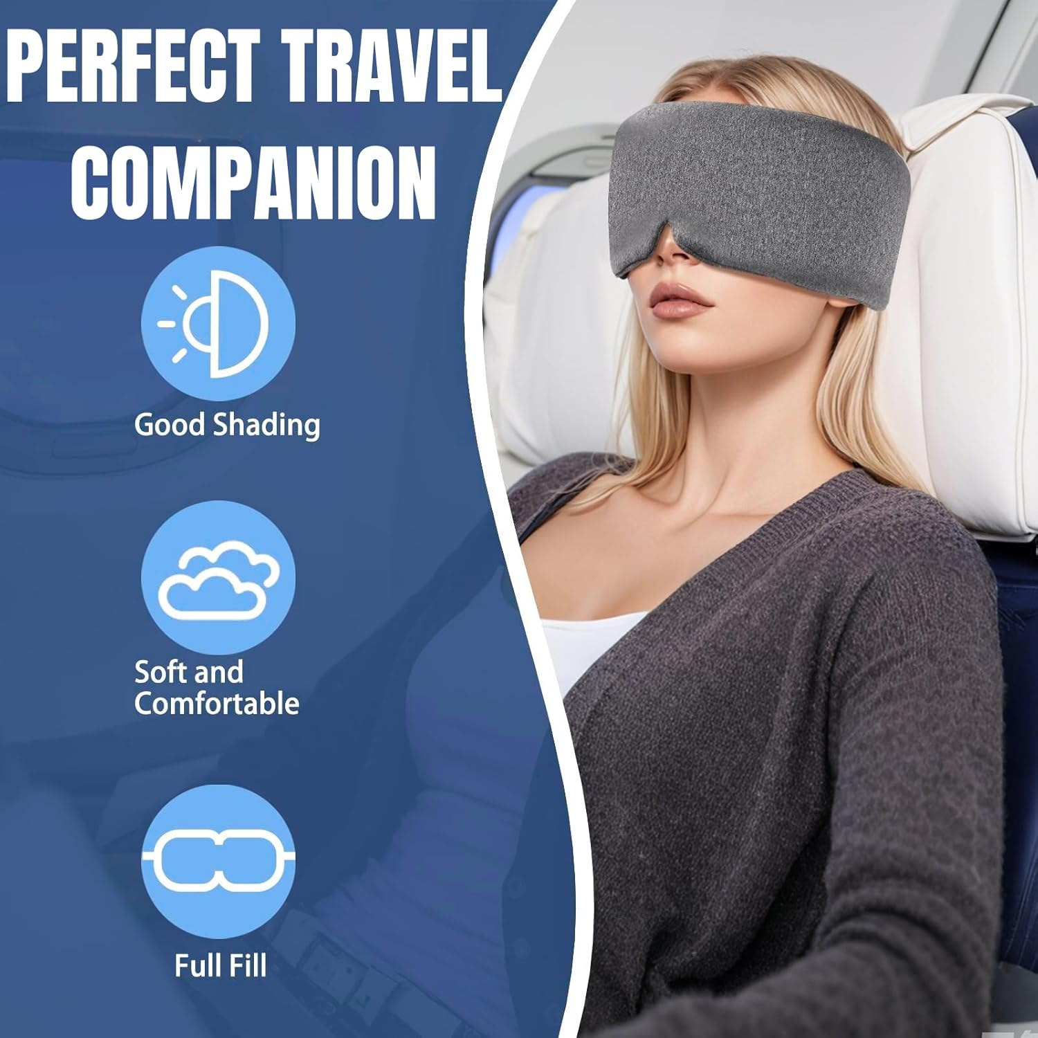 Cotton Sleep Eye Mask for Women Men - JOMWEN Upgrade Design Blackout, Soft Zero Pressure Grey Eyes Cover with Adjustable Velcro Strap for Side Sleeper Night Sleeping, Work Nap and Yoga image number 3