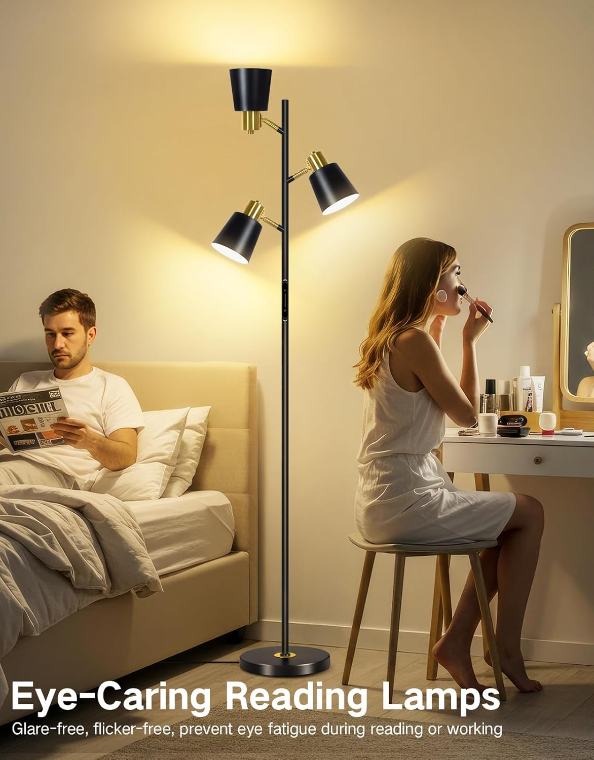 OUTON LED Tree Floor Lamp, Modern Dimmable Standing Lamp with Remote & Touch Control, 4 Color Temperatures, 3 Rotatable Industrial Floor Lamps for Living Room Bedroom Office, Black image number 1