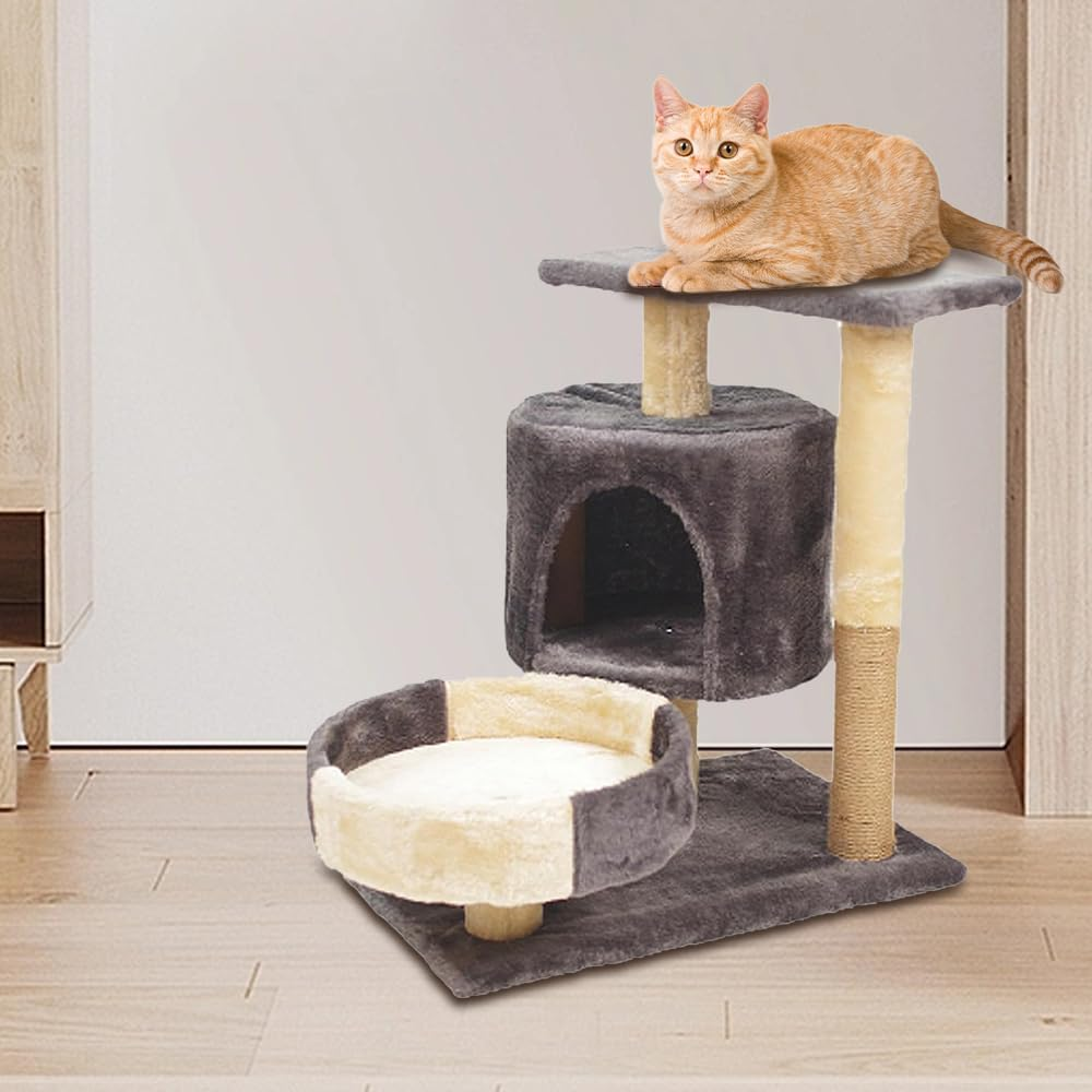 Cat Climbing Frame,Cat Tree Climb Tower,Kitty Condo,Pet Jumping Platform,Cat Tree,With 3Tier, Cave, Hammock, Pompoms,Interactive Resting Nest Bed Cave (Dark Grey) image number 2