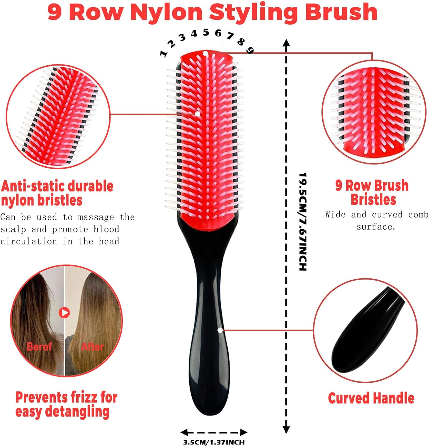 WOZUTUNT Curly Hair Brush Set for Women/Men/Kids, Detangler Brush, Wide Tooth Comb, 9 Row Nylon Bristle, Rosemary Hair Growth Oil - 4 Count (Db-Black-4Pcs)