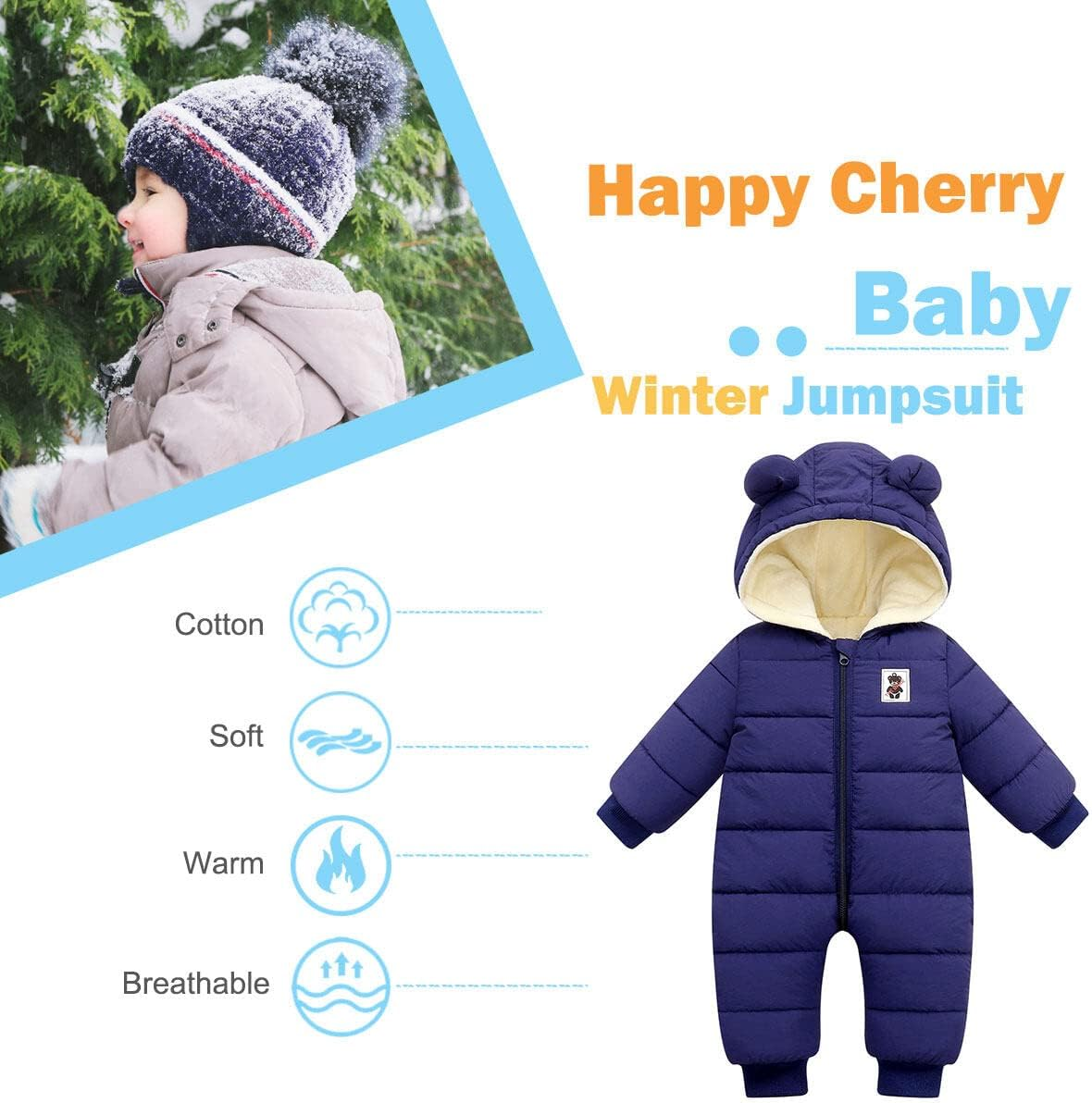 Happy Cherry Infant Puffer Romper Baby Bunting Snowsuits Hooded Jumpsuit Overalls Newborn Boy Pram Suit, Blue 18-24 Months image number 2