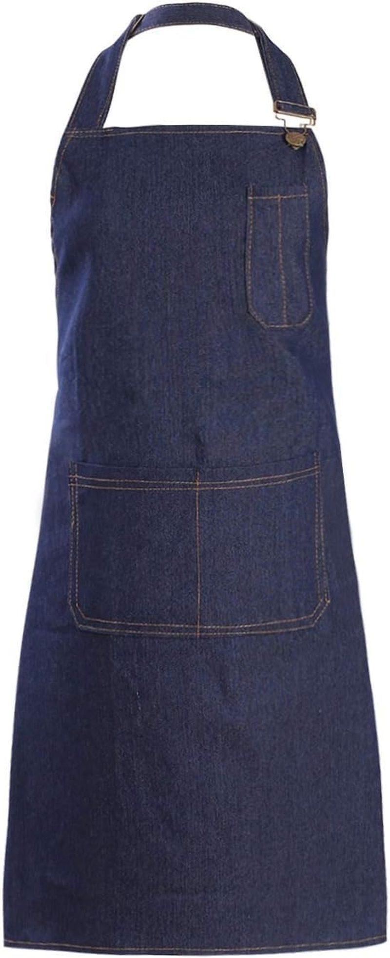 Denim Apron with Pockets for Men Women Chef Kitchen BBQ Restaurant Grill Adjustable Neck Strap Long Ties Tool Aprons image number 5