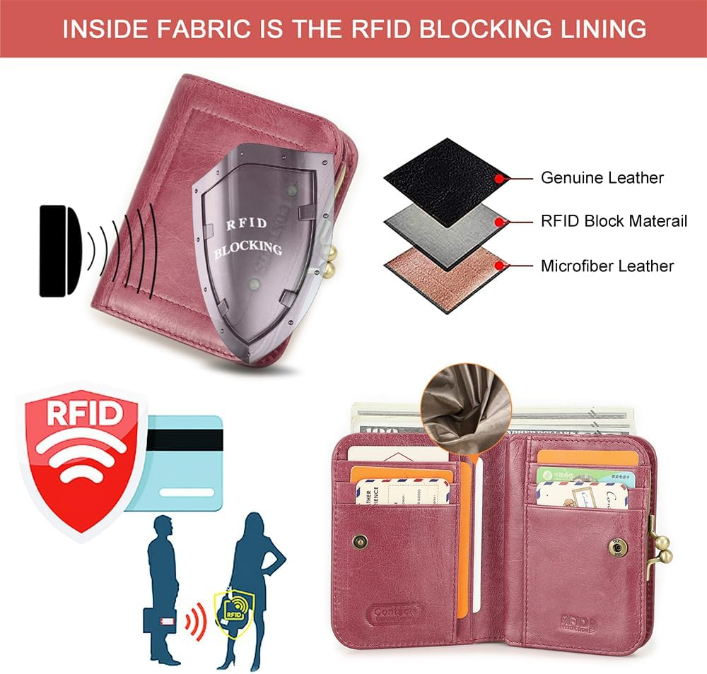 Full Grain Leather Kiss Lock Wallet for Women Kiss Clasp Coin Purse Vintage Bifold Card Holder RFID Wallet, Bean Paste Pink, Vintage - Green image number 4