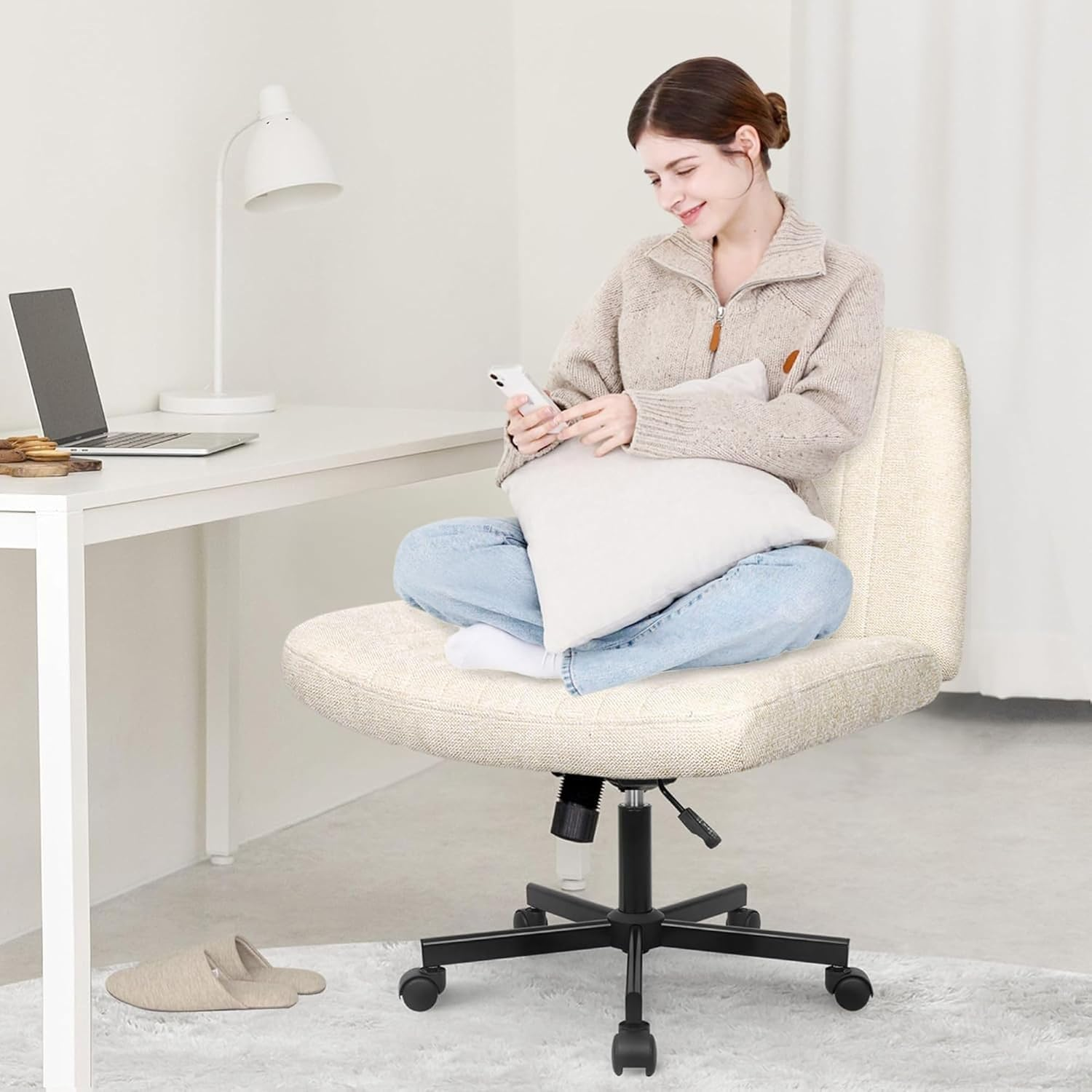 Orange Factory Criss Cross Legged Armless Desk Reading Chair with Wheels Swivel Modern Ergonomic Vanity Bedroom Adjustable Wide Comfy Computer Gaming Chairs for Home Office (Beige) image number 3