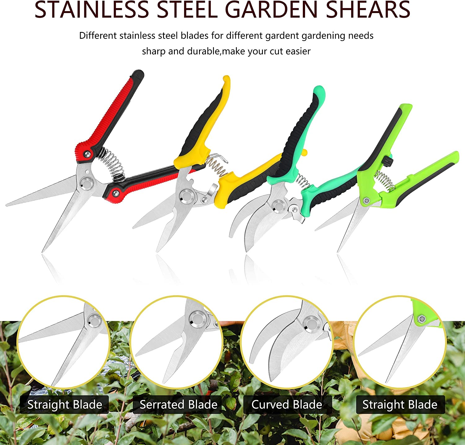 5 Pack Garden Pruning Shears Stainless Steel Blades, Handheld Scissors Set with Gardening Gloves,Heavy Duty Garden Bypass Pruning Shears,Tree Trimmers Secateurs, Hand Pruner (Multi-Color) image number 4