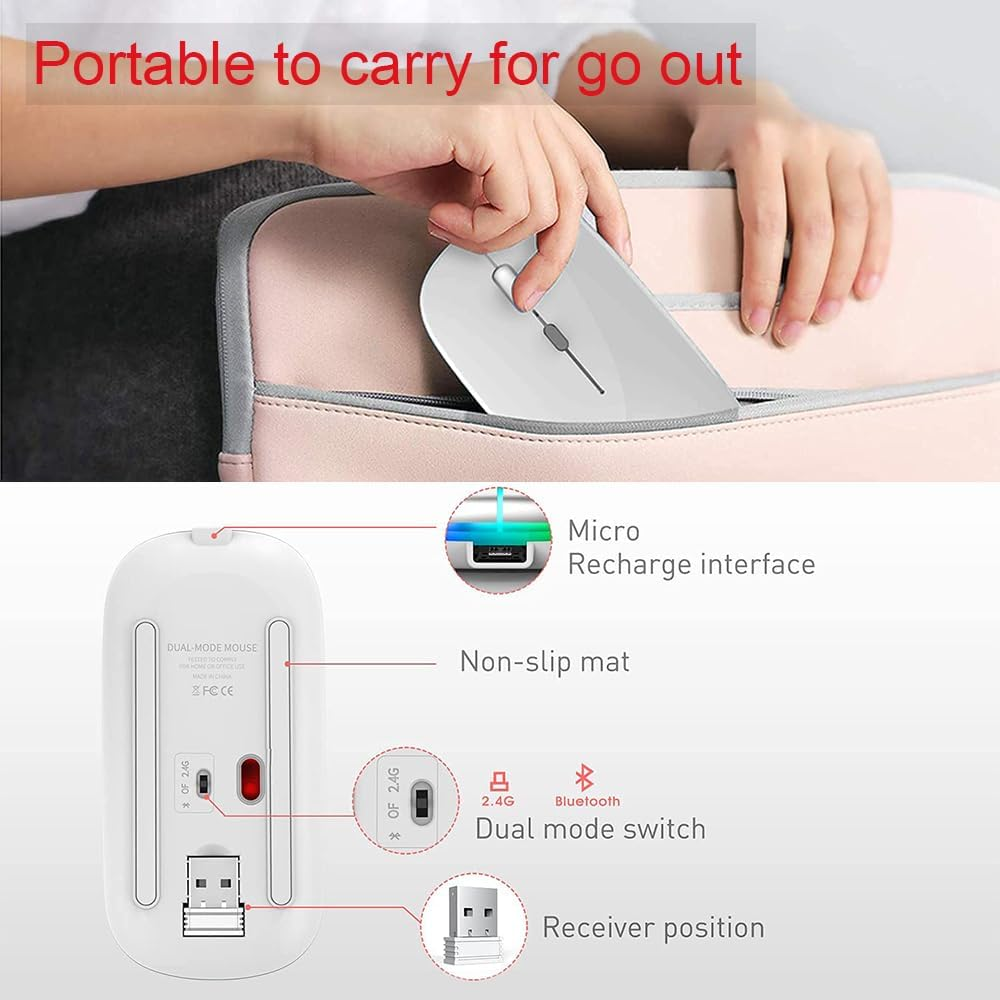 LED Wireless Mouse, Rechargeable Slim Silent Mouse 2.4G Portable Wireless Bluetooth Mouse Dual Mode with USB Receiver and Type C Adapter, 3 Adjustable DPI for Notebook, PC, Laptop (Silver) image number 5