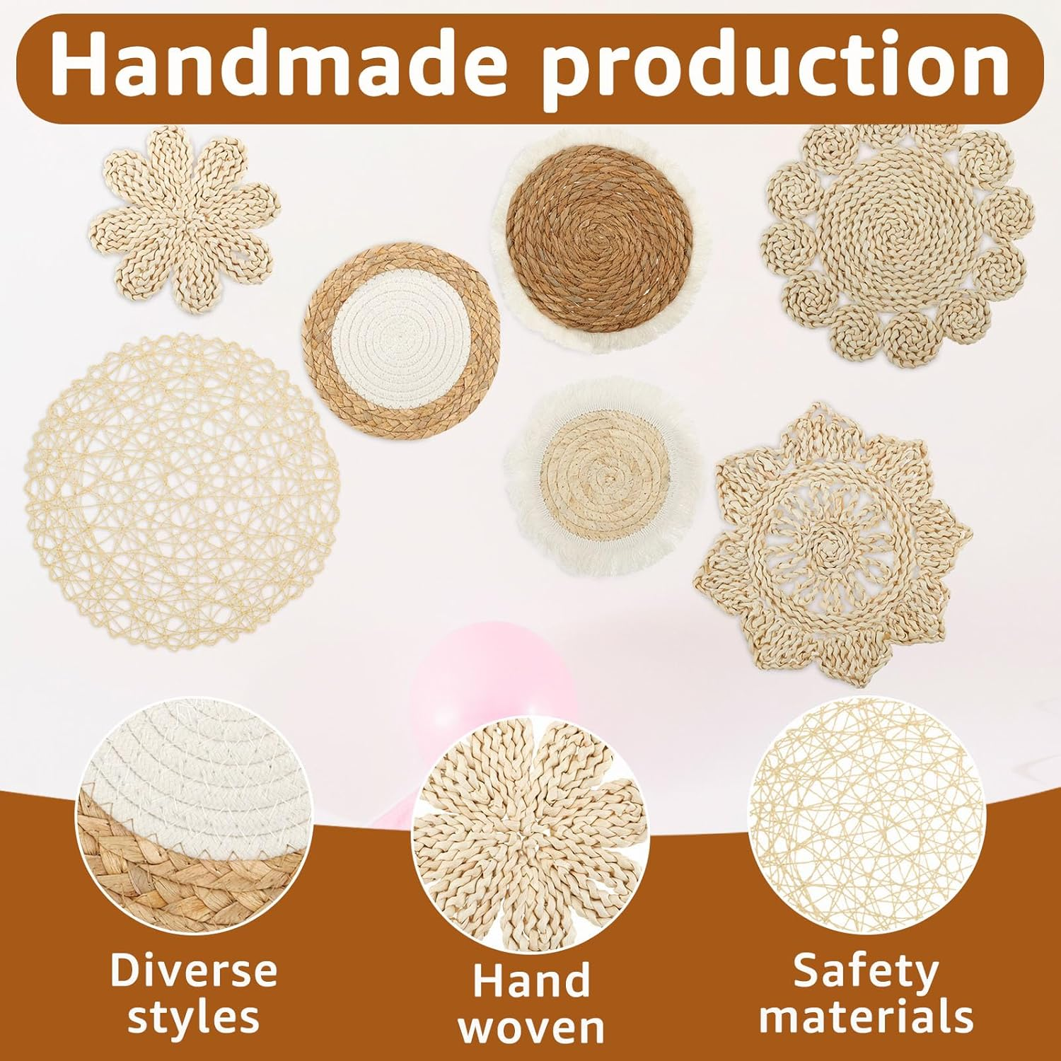 7-Pack Boho Wall Basket Decor: Seagrass Rattan Wicker - round Wall Art for Farmhouse Bedroom, Living Room, Kitchen - White - White image number 5