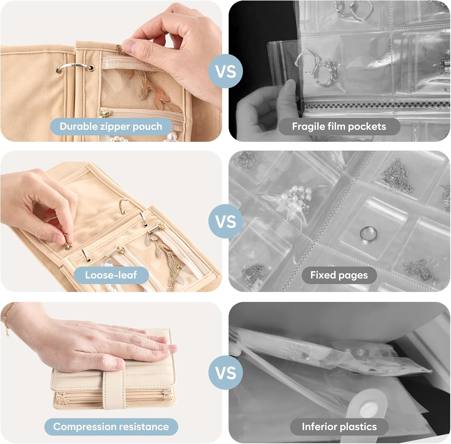 Lolalet Travel Jewelry Organizer Case, Portable Jewlery Storage Book Portfolio Binder with Zipper Velvet Pouch and Built-In Mirror for Women -Beige, Small image number 4