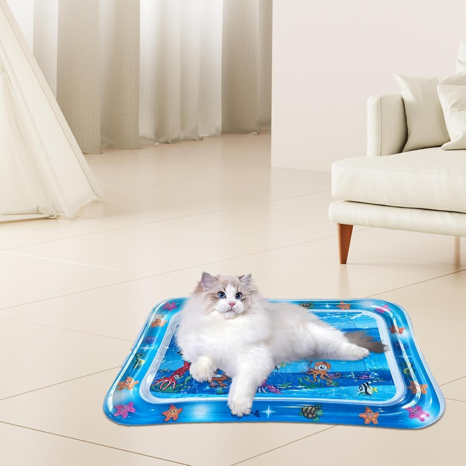 Water Mat for Cats, Water Sensory Playmat with Fish for Pet, Inflatable Water Mat for Cat and Dog, Water Sensory Pad Water Feel Cool Comfort