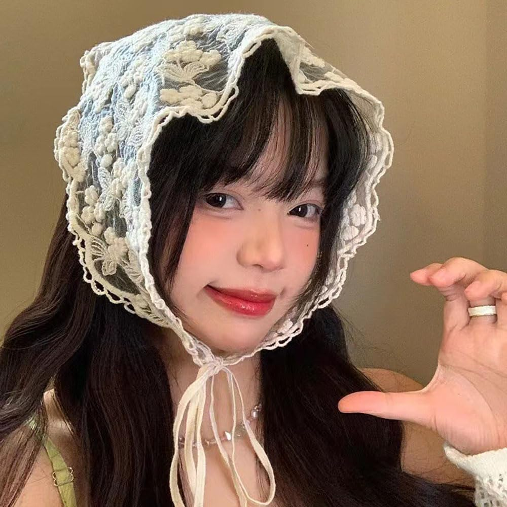 Lace Floral Hair Bandana White Hair Headband Head Scarf for Women Girls Vintage Triangle Head Kerchief Tie-Back Headwraps Flower Hair Scarf Headscarf Bandana Boho Headbands Bandanas for Hair Styling