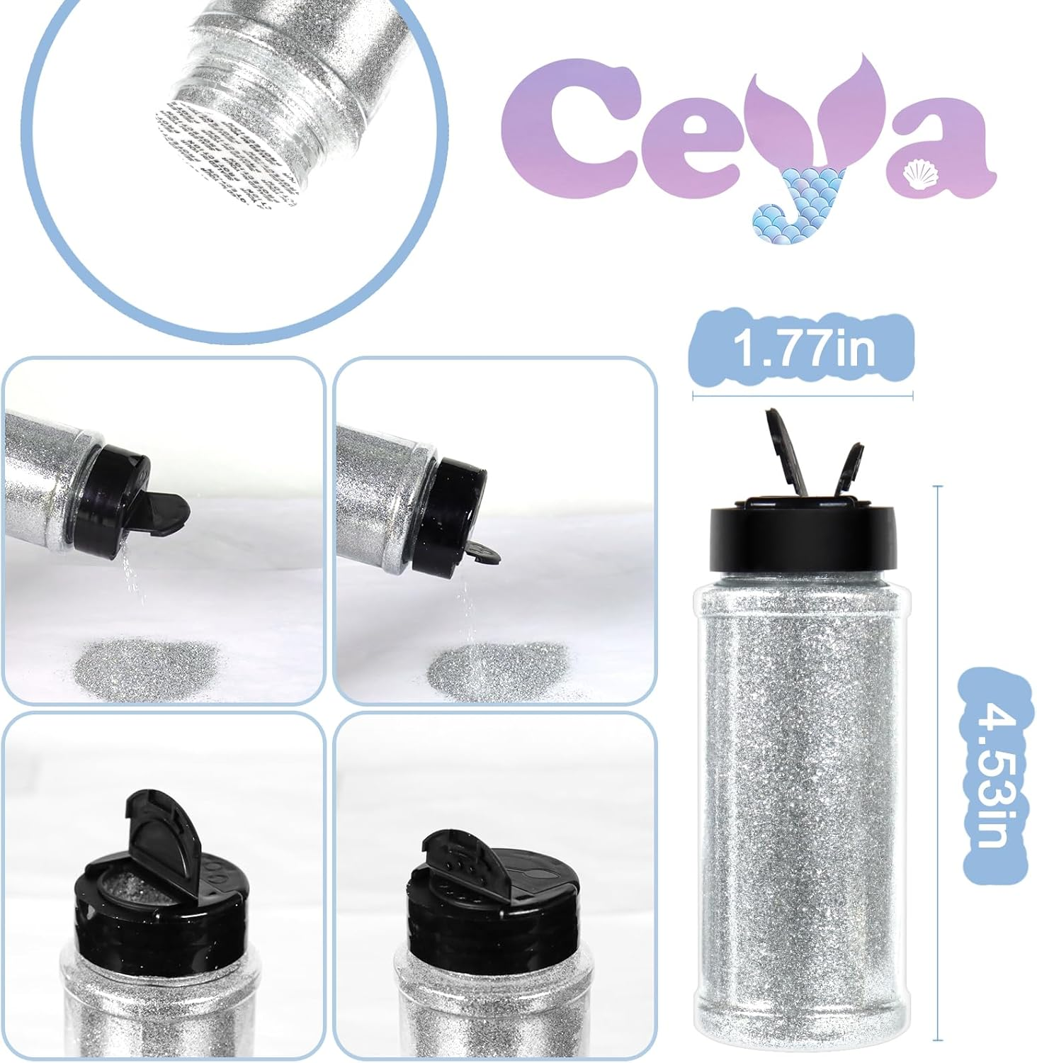 Ceya 3.8Oz/ 110G Ultra Fine Glitter Powder Silver Glitter 1/128&rdquo; 0.008&rdquo; 0.2Mm for Slime Epoxy Resin Craft Tumbler Jewelry Nail Art Festival Makeup Scrapbook Painting Wedding Cards