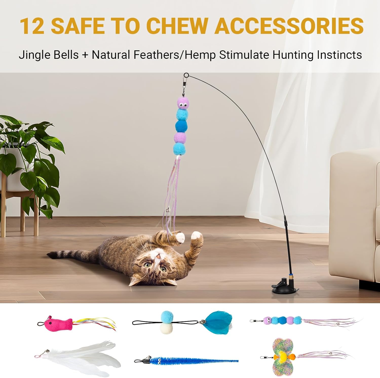 4-In-1 Interactive Cat Toys for Indoor Cats, Feather Teaser Cat Wand Toy with Suction Cup, Triangle Hook & Adhesive Hook, 12 Pack image number 1
