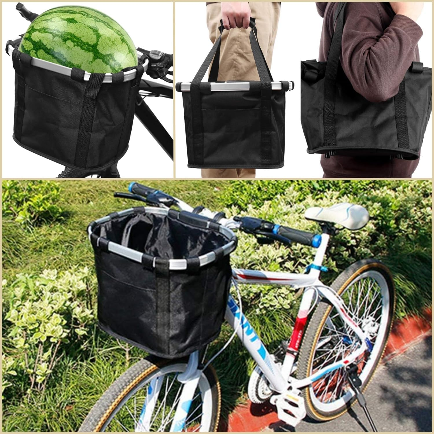 Taicols Foldable Cycling Bicycle Quick Release Front Bike Basket,Waterproof, Dog Handlebar Small Pet Cat and Back Folding Detachable Easy Install Suitable for Groceries Picnic Shopping (Black) image number 4