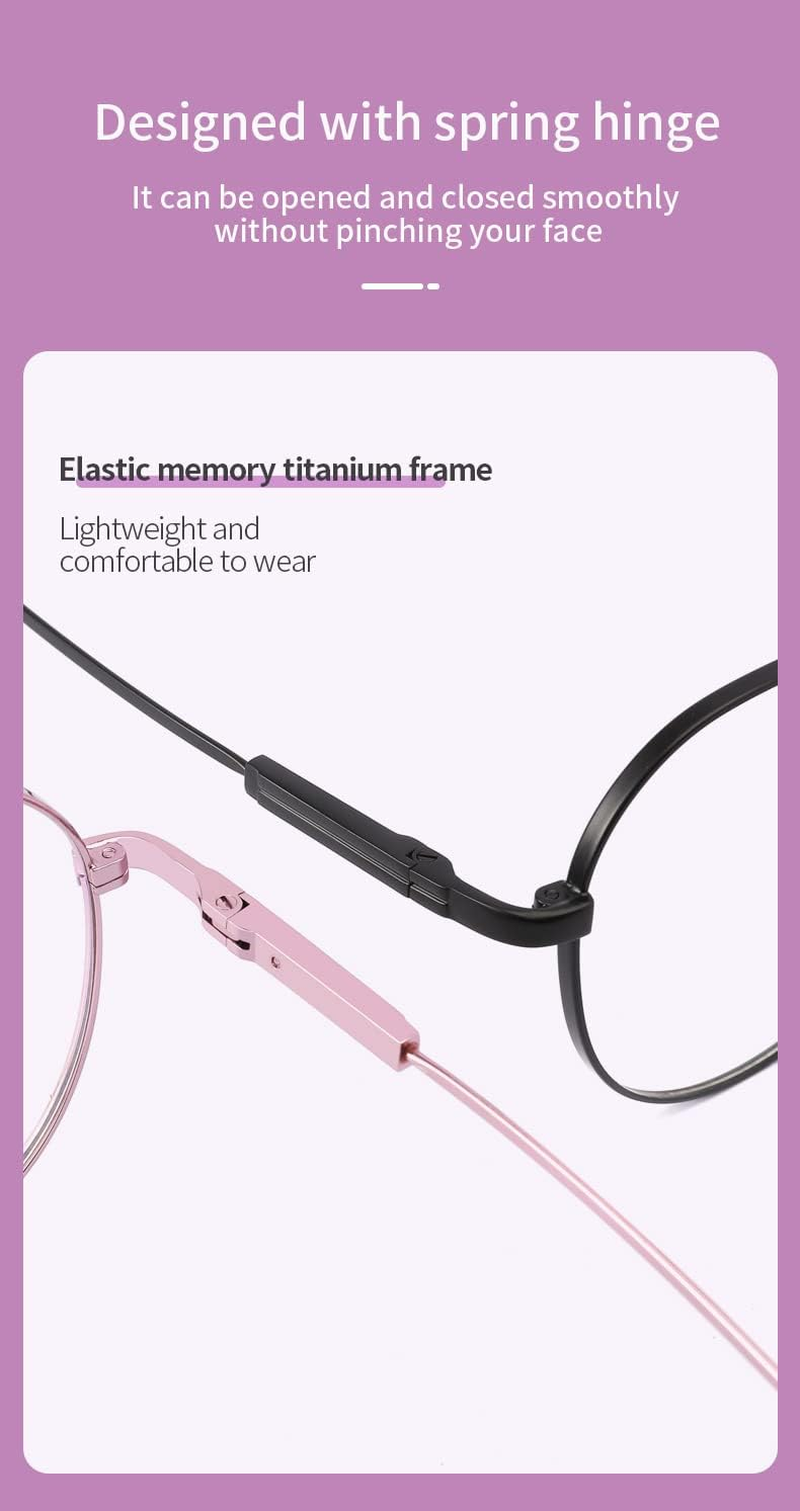Reading Glasses 2.5 for Women with Flex Memory Titanium, Blue Light Filter Glasses, Reading Aid, 0~4 Diopters, anti Blue, Cute, Round, High Definition, High Transparency, Black, 2.5 Diopters