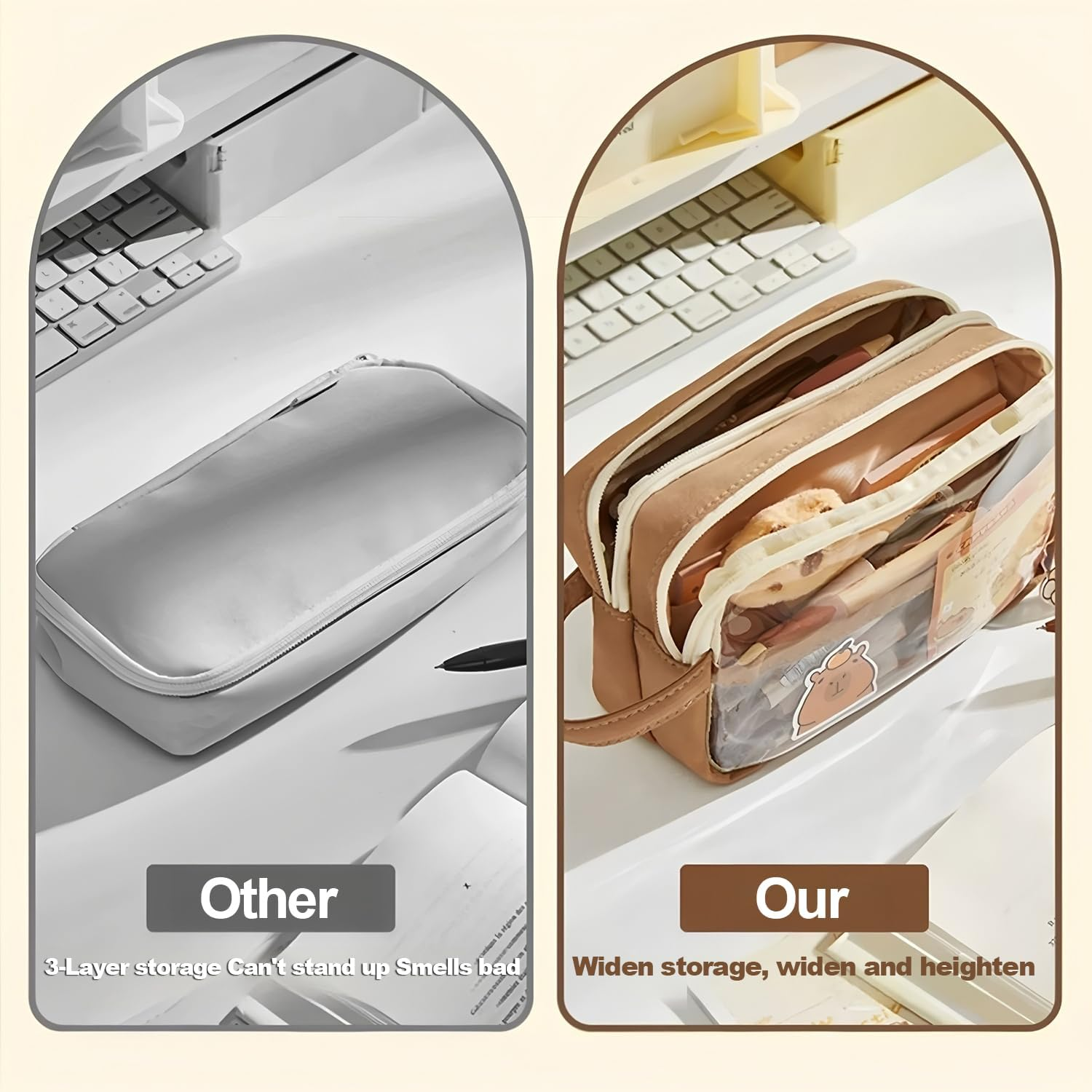 Pencil Case with Zipper,Cartoon Capybara 5 Layers Compartment Clear Pencil Case Pouch,With 4 Pens&4 Pcscartoon Accessories for Students College Office, Clear Makeup Cosmetics Bag for Adults