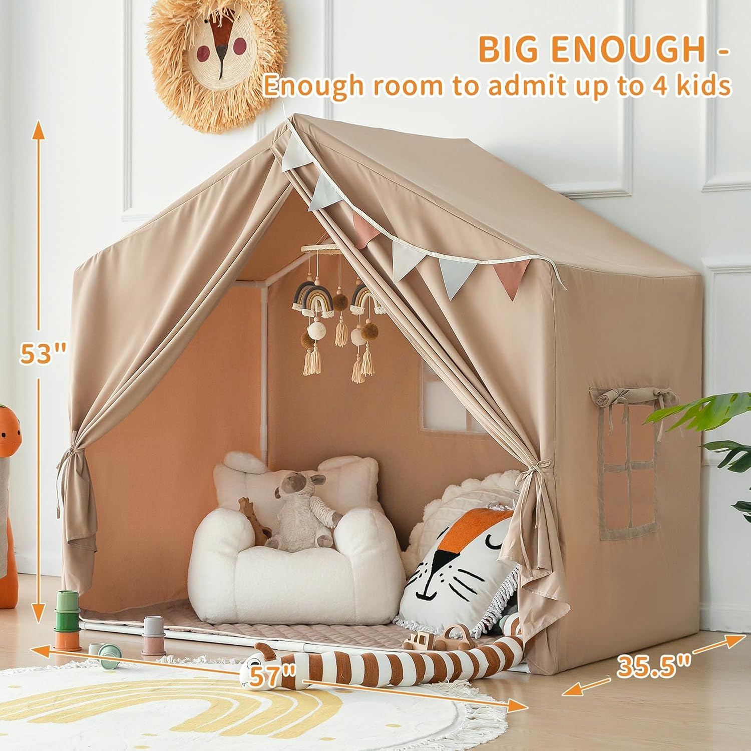 Kids Play Tent with Mat, Large Play Tent Indoor with Star Lights and Windows, Playhouse for Boys and Girls Aged 3+, Kid Tent with Mat Washable (Beige) - Beige image number 1