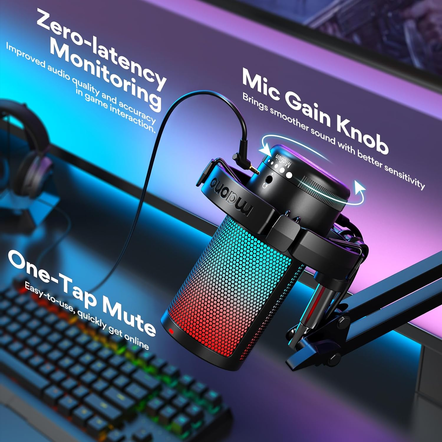 MAONO Gaming USB Microphone, Noise Cancellation Condenser Mic with Mute, Gain, Monitoring, Boom Arm for Streaming, Podcast, Twitch, Youtube, Discord, PC, Computer, PS4, PS5, Mac, Gamerwave DGM20S