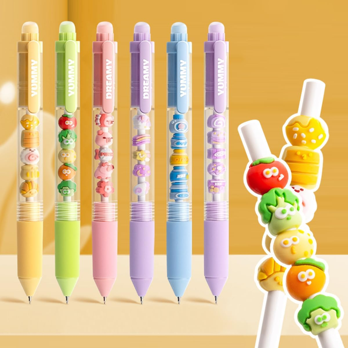 6 Pack Cute Cartoon Gel Pens, 0.5Mm Fine Point Quick Dry Black Ink Smooth Writing Pens, Retractable Ballpoint for Journaling Planner(Funny Animals Fruits Snacks DIY Designs) image number 1