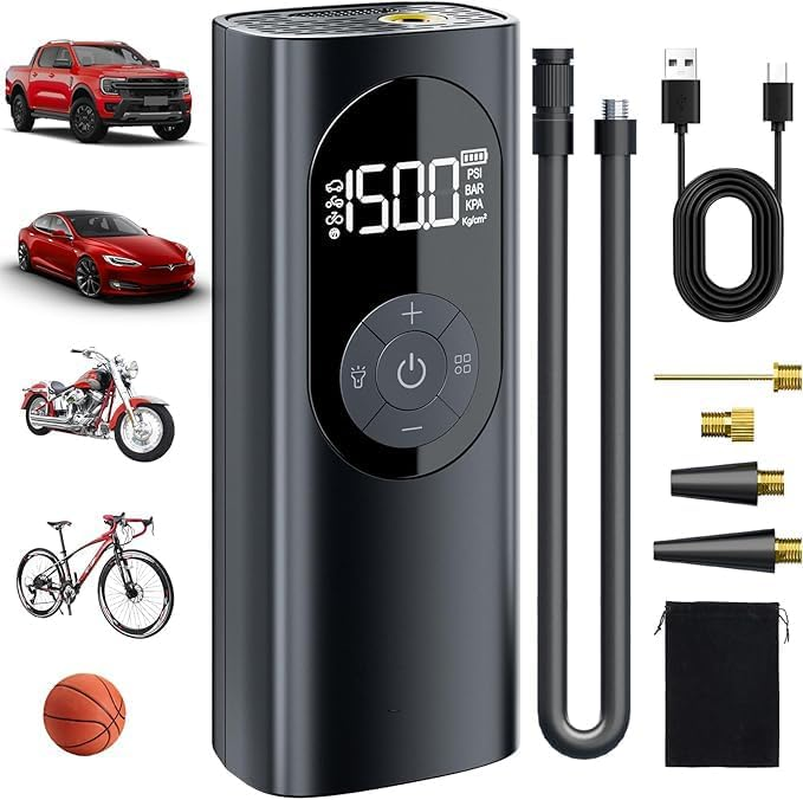 Car Tyre Inflator Air Compressor - Faster Inflation, Cordless Portable Air Pump, 150PSI Electric Tyre Pump with Digital Pressure Gauge & LED Light, Auto Shutoff, for Car, Motorcycle, Bike, Ball image number 3