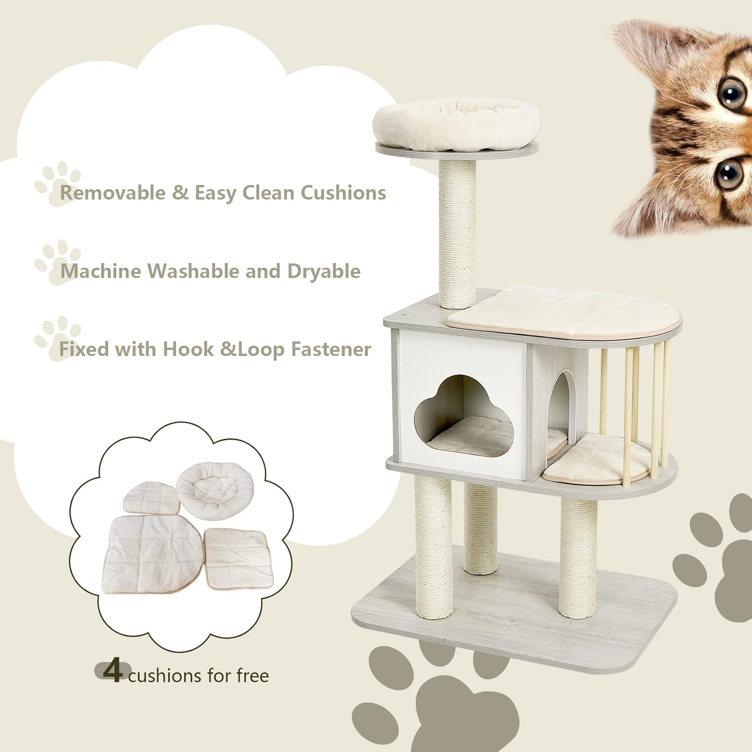 Costway 117 Cm Wooden Cat Tower W/ Scratching Sisal Posts, 4-Tier Cat Tree W/ Condo, Stable Structure, Free Cushion, Platform, Protective Pine Wood Rail, Perch W/ Cat Bed, Small Cat Play House Combo for 1-2 Cats image number 4