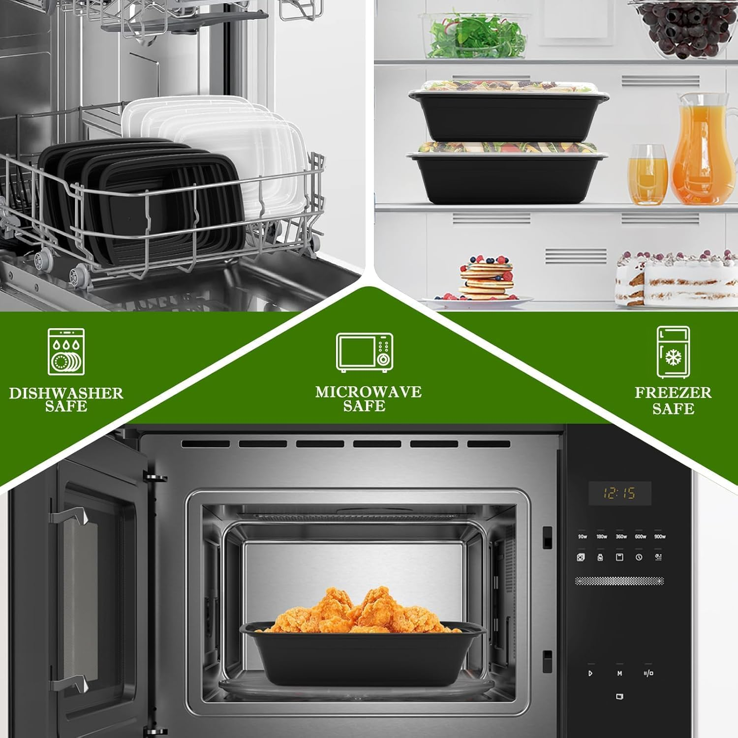 Meal Prep Containers (34 Oz) Reusable with Easy Open Lids, Microwave Freezer Dishwasher Safe, Sturdy Leakproof Food Safe, to Go Take Out Plastic Food Storage Pans with Lids, Black (10 Pcs) image number 3