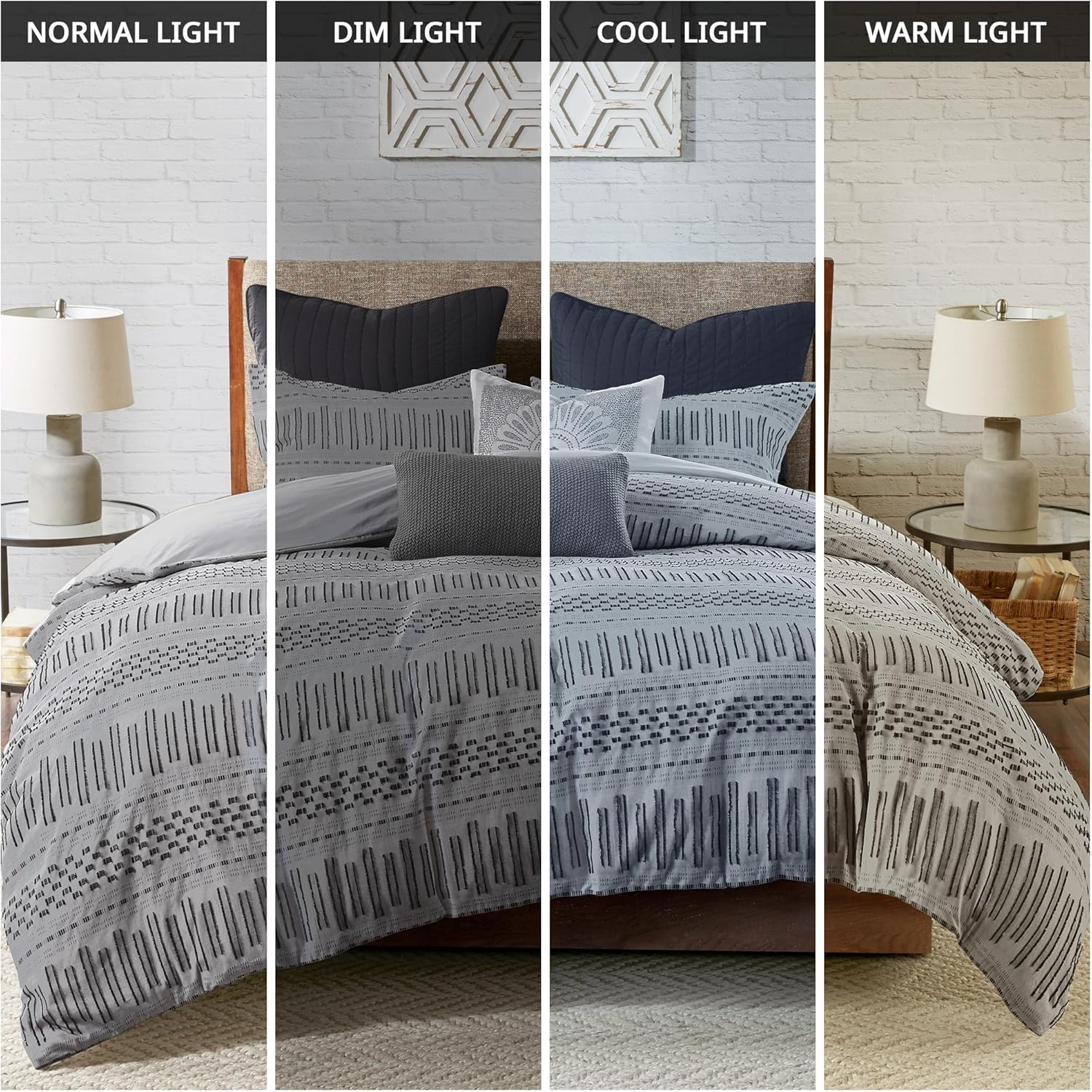 INK+IVY Rhea 100% Cotton Duvet Set Mid Century Modern Boho Design, All Season Comforter Cover Bedding Set, Matching Shams, King/Cal King, Geometric Clipped Jacquard Grey 3 Piece image number 5