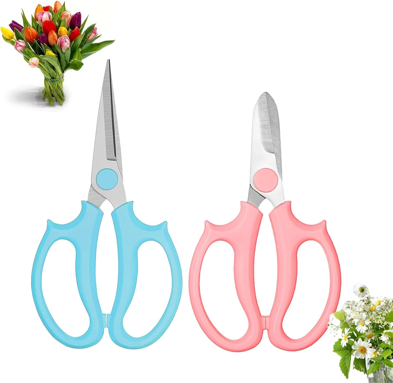 2-Pack Flower Scissors &ndash; Premium Stainless Steel Floral Shears, Heavy Duty Garden Pruners for Flowers, Branches, Leaves, Rose Gardening (Pink, Blue)​ image number 1