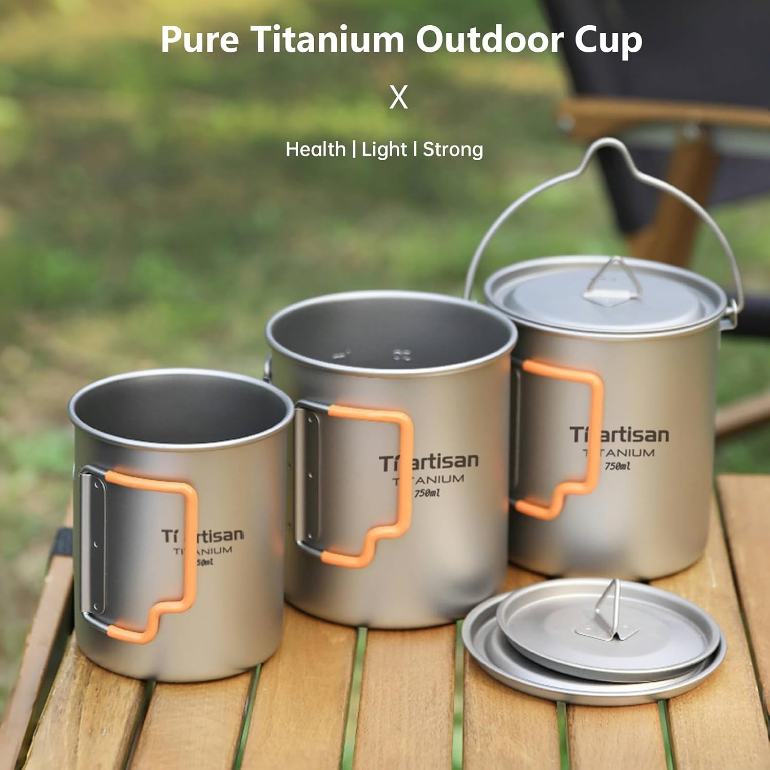 Ti Artisan Titanium Cup Camping Pot Portable Ultralight Coffee Mug 450ML/750ML Water with Foldable Handles and Lid for Outdoor Camping Hiking Backpacking (750ML) image number 3