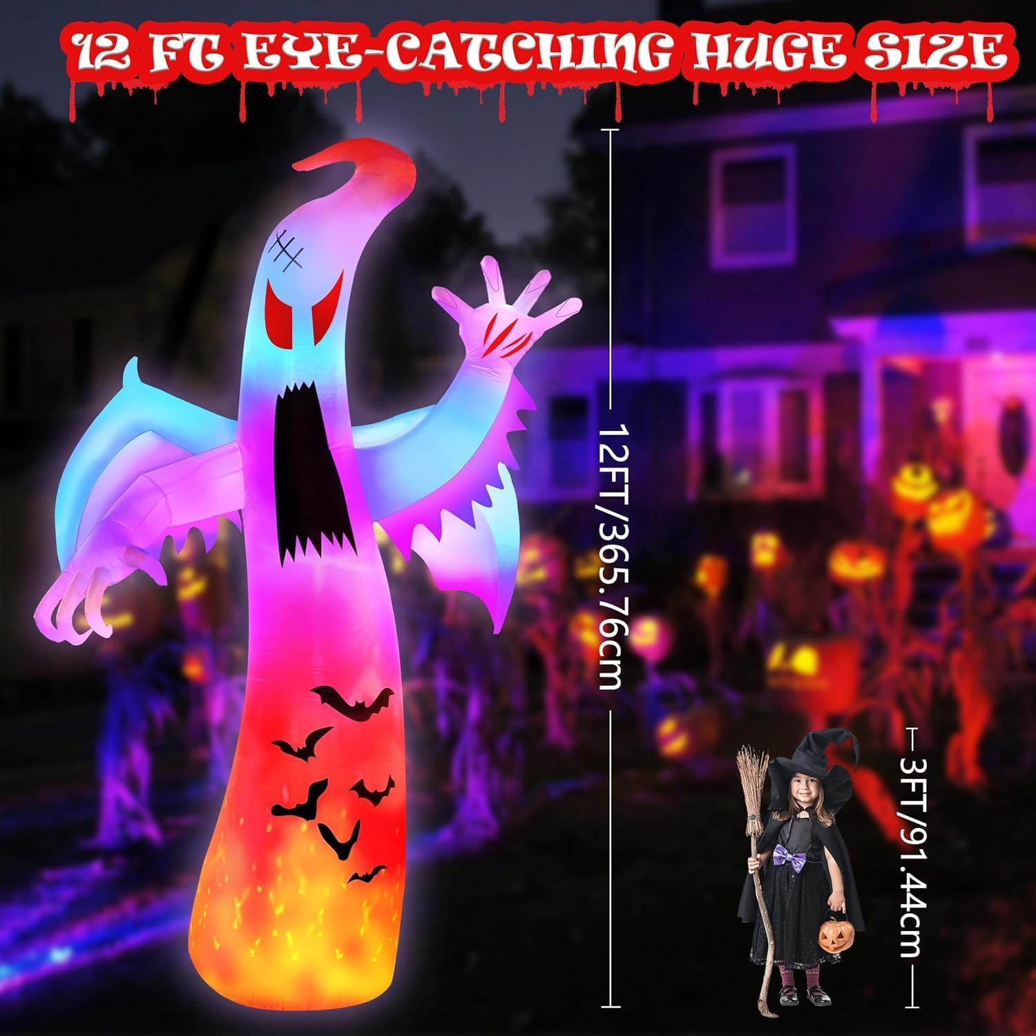 Halloween Inflatables Ghost Decorations Outdoor, 12FT Giant Ghosts of Halloween with Wings Scary Spooky Ghost Colorful Flashing and Flame for Outdoor Yard Decorations, Garden, Lawn image number 6