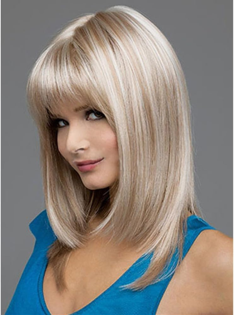 AUBWIG Blonde Mixed Brown Bob Wig with Fringe, 15 Inches, Natural Short Straight Wigs for Women, Medium Length Bob Hair, Synthetic Wigs for Daily Use (Blonde Mixed Brown) image number 1