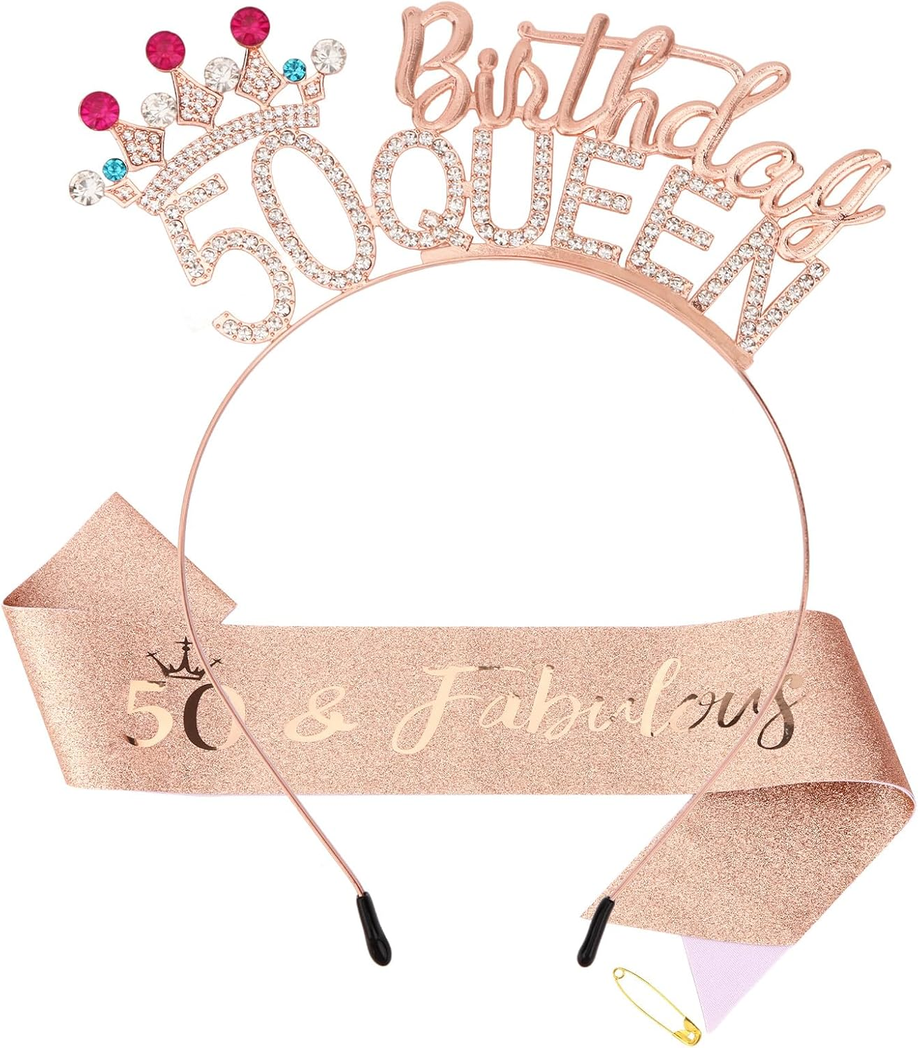 Pruadeor Rose Gold 50Th Birthday Crown Woman 50Th Birthday Headband Glitter Sash for Birthday Party Decoration Gift image number 5