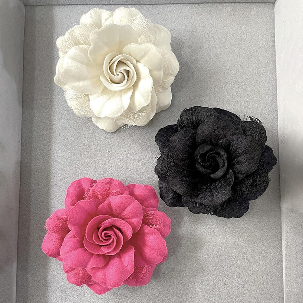 Pack of 2 Velvet Camellia Flower Brooch Pins Large Flower Lapel Pins Mexican Hair Flowers Hair Pin Fabric Floral Hair Clips Headdress Corsage Wedding Brooches White
