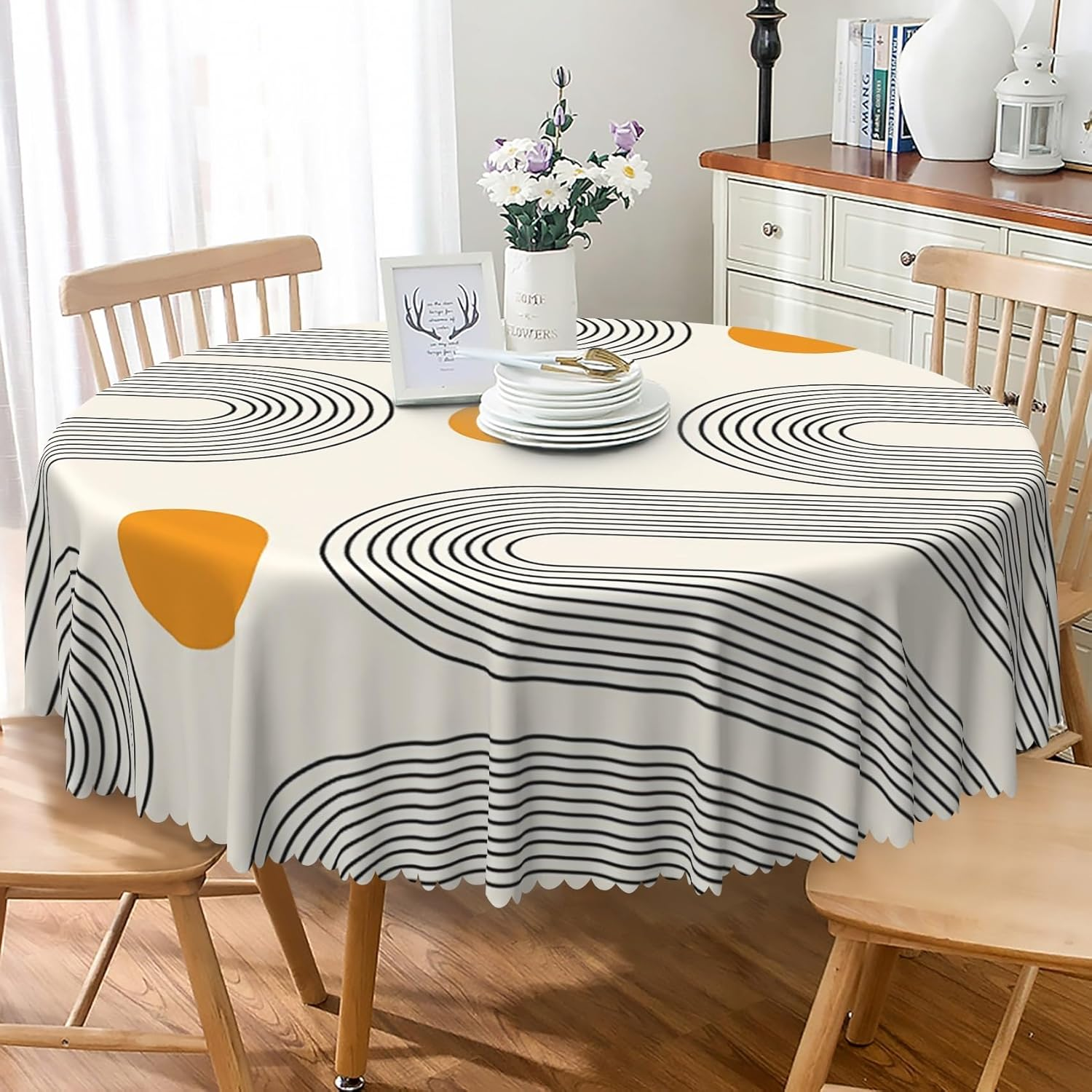 Boho Mid Century round Tablecloth 48 Inch Minimalist Abstract Arch Simple Sun Modern Art Table Cloth Washable and Reusable Fabric Table Cover for Kitchen Dining Room Indoor Outdoor Party Decor image number 5
