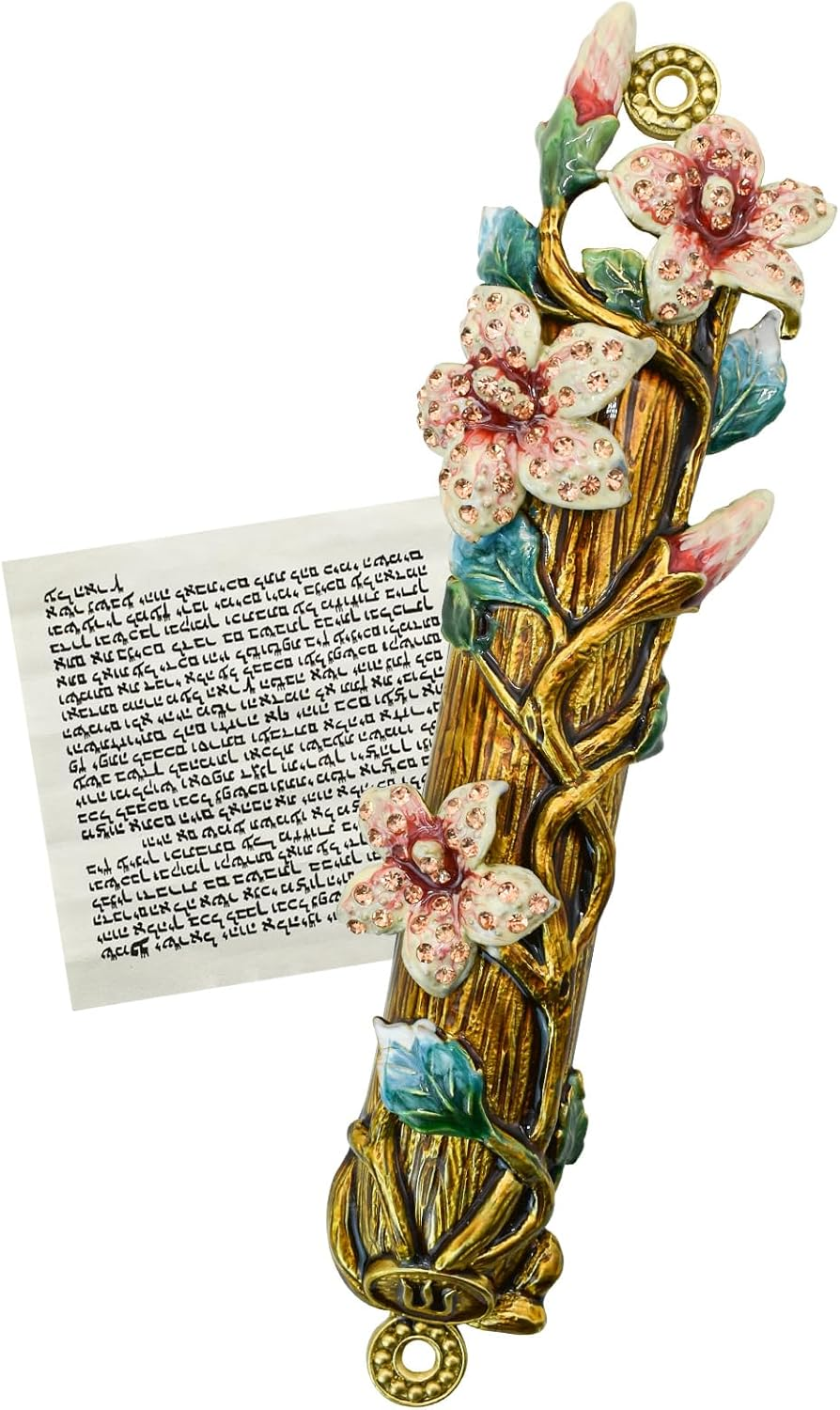 Mrmrkura Mezuzah with Scroll for Door, Enamel&Zinc Alloy Blessing Mezuzah Case, Colored Painted Mezuzha Scroll Kosher for Jewish Gifts/Jewish Decor, Christmas (Red and Gold)