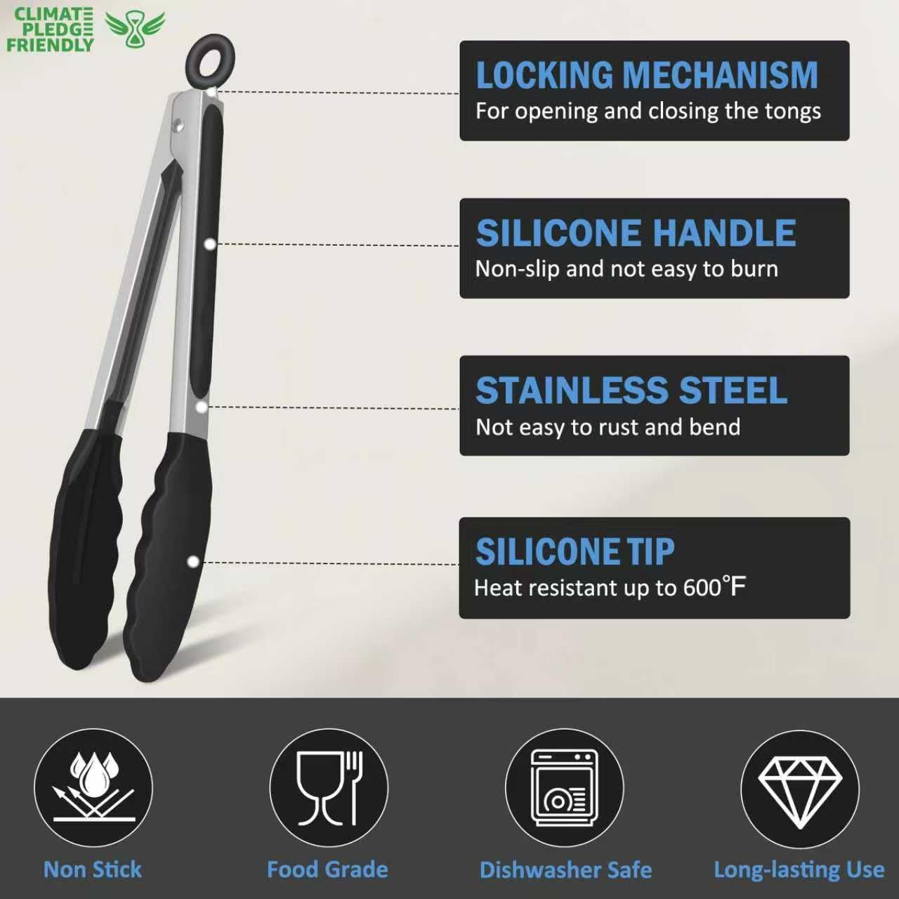 Tongs for Cooking, 600&ordm;f High Heat-Resistant Stainless Steel Kitchen Tongs with Silicone Tips, Non Scratch, Locking Tong for BBQ Grilling Air Fryer Food Salads, Set of 2 (9" and 12") Black image number 2