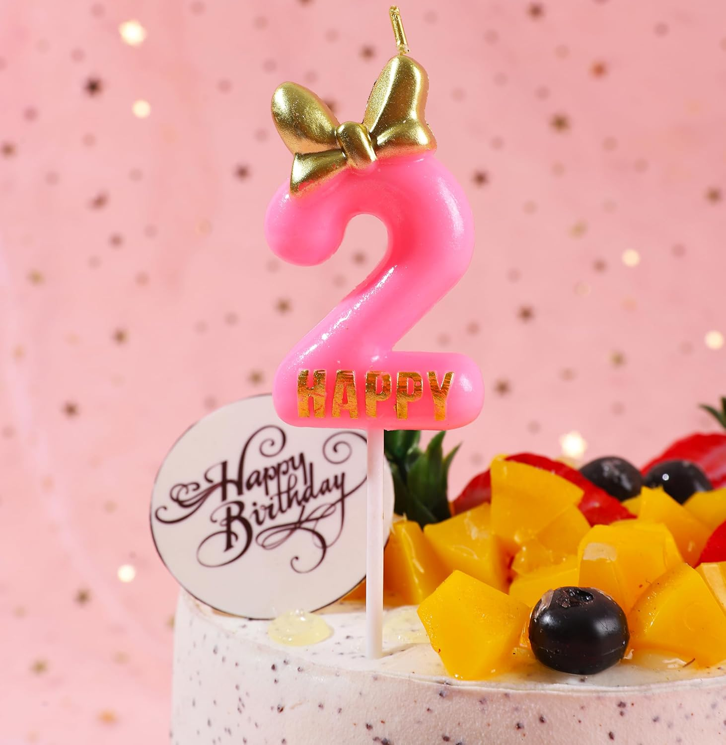 EAKE Pink Birthday Candles Number 2 with Bow Bowknot Bowtie and Metallic Gold Mini Happy Letter for Happy 2Nd Mouse Theme Birthday Cake Topper Party Supplies Decorations (4.7 Inch)