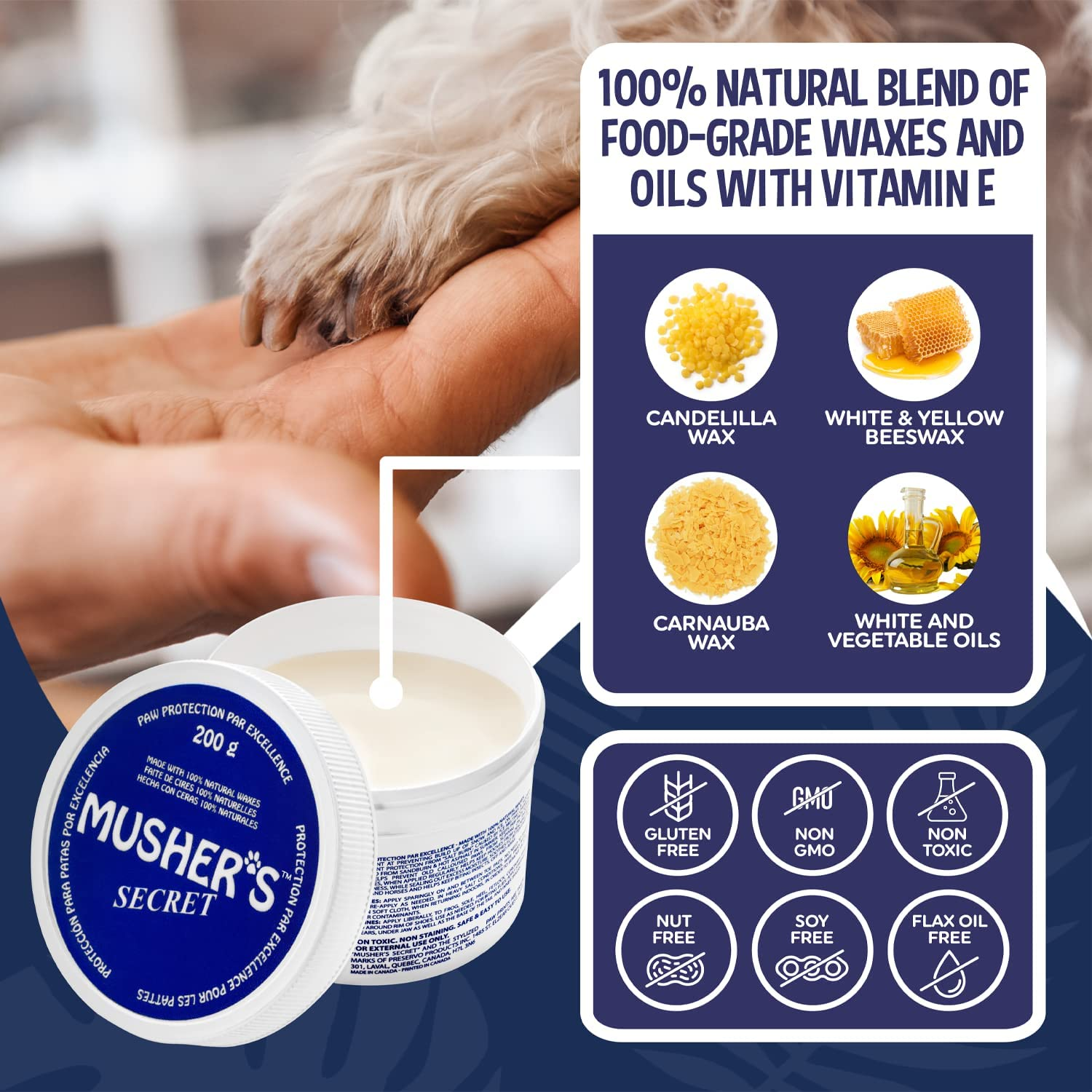 Musher'S Secret Dog Paw Wax 200 G (7Oz) - Moisturizing Dog Paw Balm That Creates an Invisible Barrier That Protects and Heals Dry Cracked Paws - All-Natural with Vitamin E and Food-Grade Ingredients