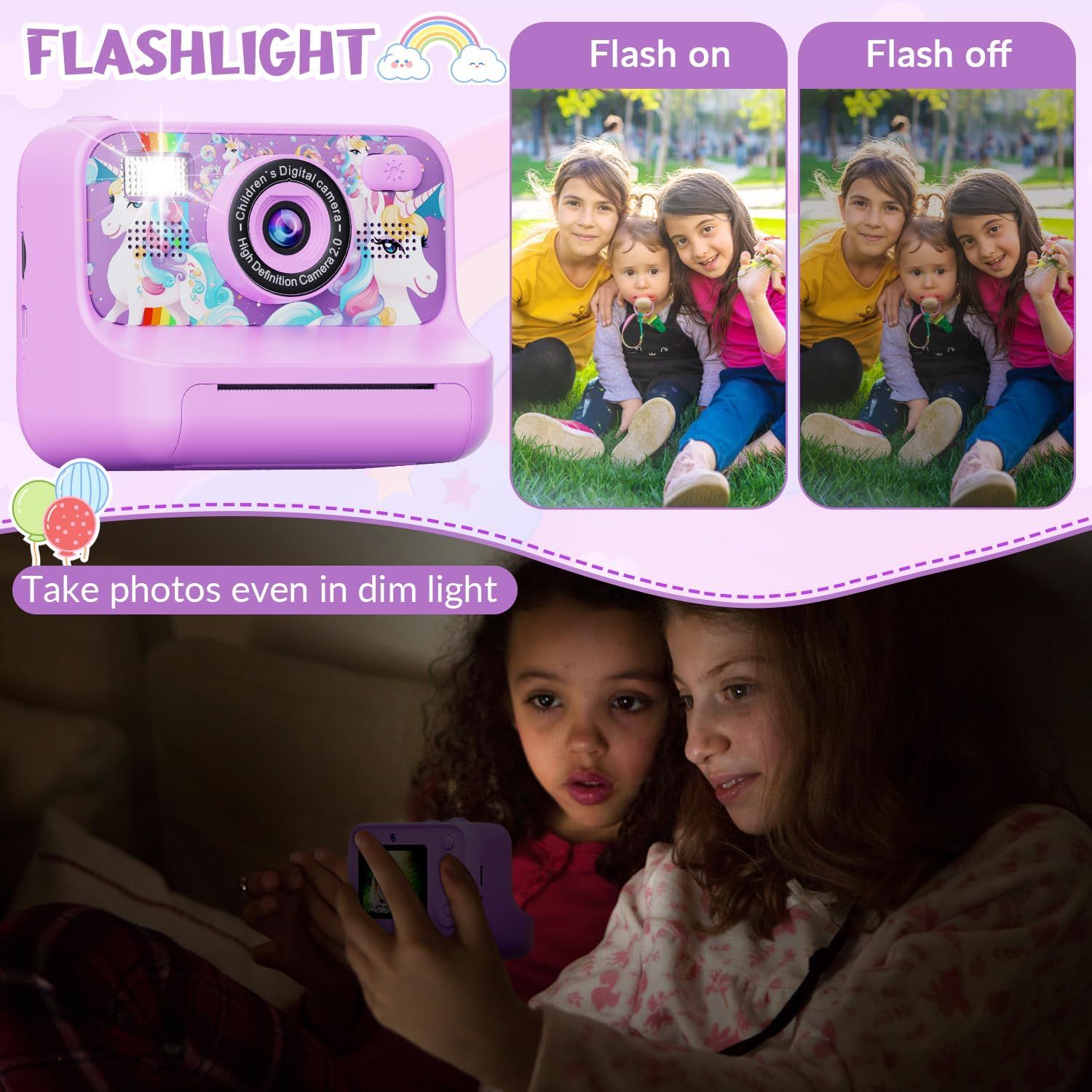 Slowton Instant Print Camera for Kids, 1080P 2.4 Inch Screen Kids Instant Cameras with 32GB TF Card and Flash Lights, Portable HD Kids Digital Video Cameras Toddler Camera Toys for Girls Boys Age 3-12 image number 3