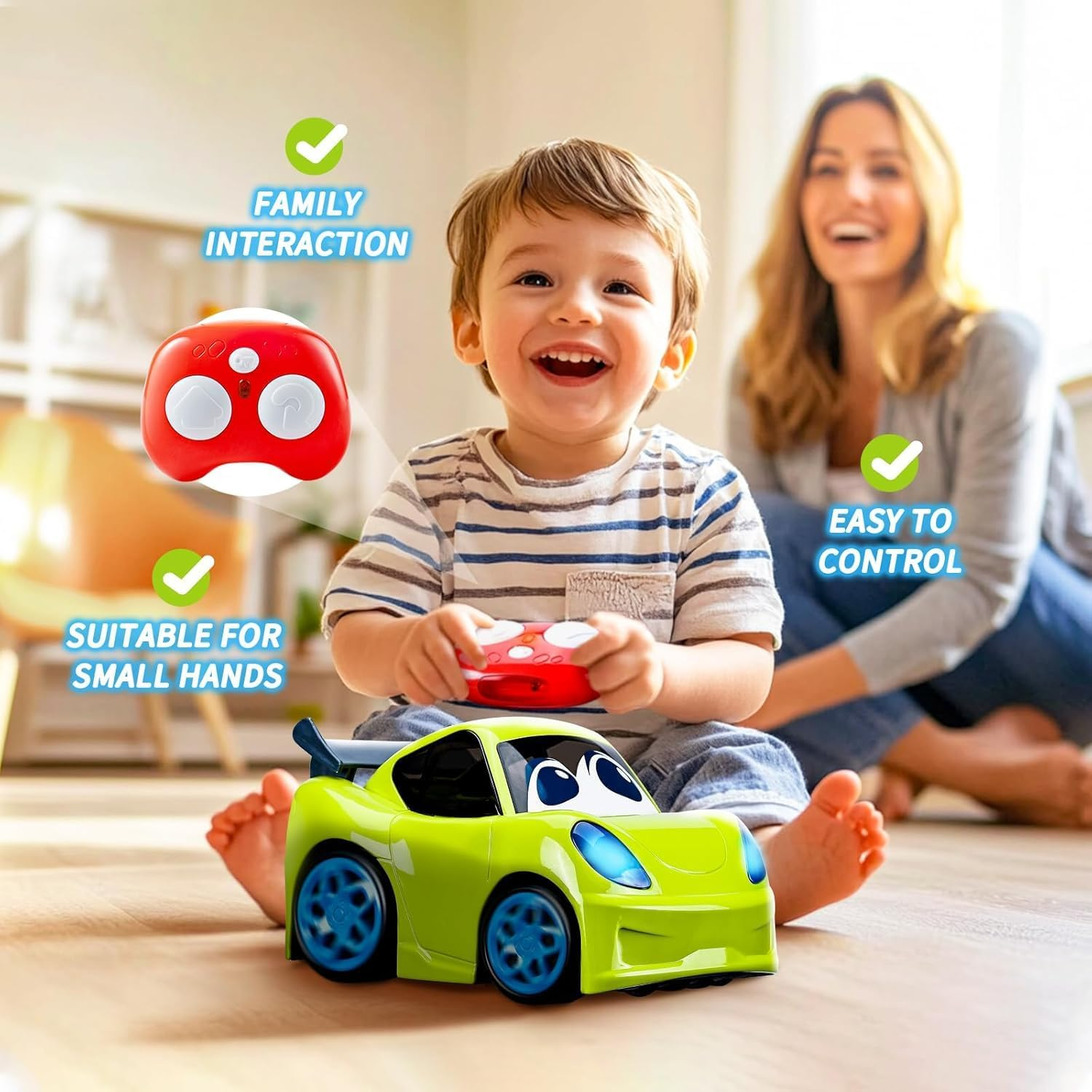 Remote Control Car for Toddlers 1-3 2-4 3-5 Years Old, Cartoon RC Car Toy with Lights and Sounds Birthday Gifts for Boys Girls Kids Age 1-3, Green image number 2