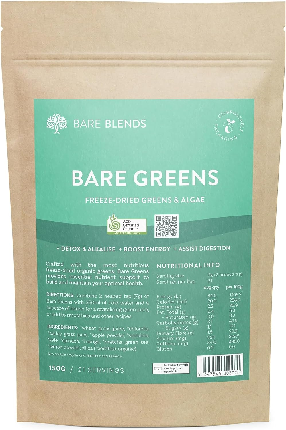 Bare Blends - Bare Greens, Organic Greens Powder | ACO Certified | Gluten Free | Non-Gmo | Sugar Free (150G) image number 5