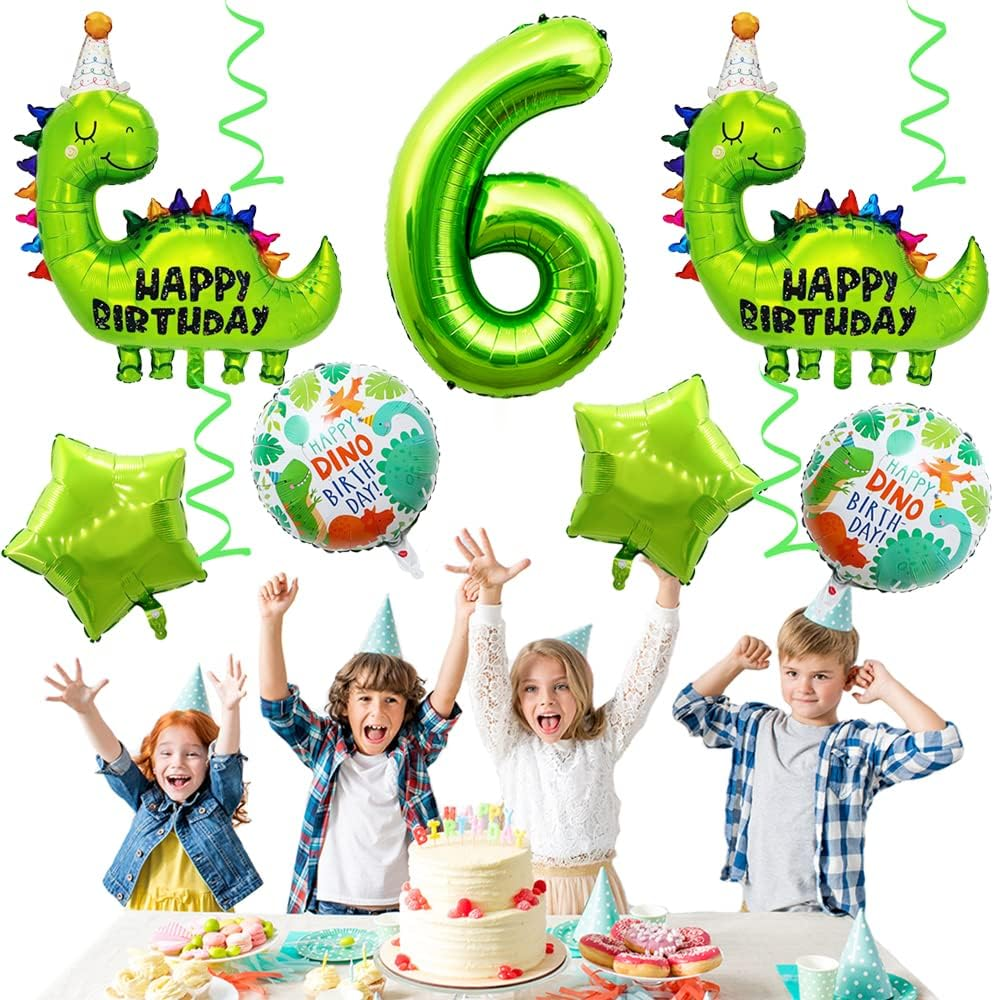 6Th Dinosaur Birthday Balloons Big Cute Dinosaur Aluminum Foil Balloon Number 6 Mylar Balloon for Dino Themed Party Boys Girls Birthday Decor - Green