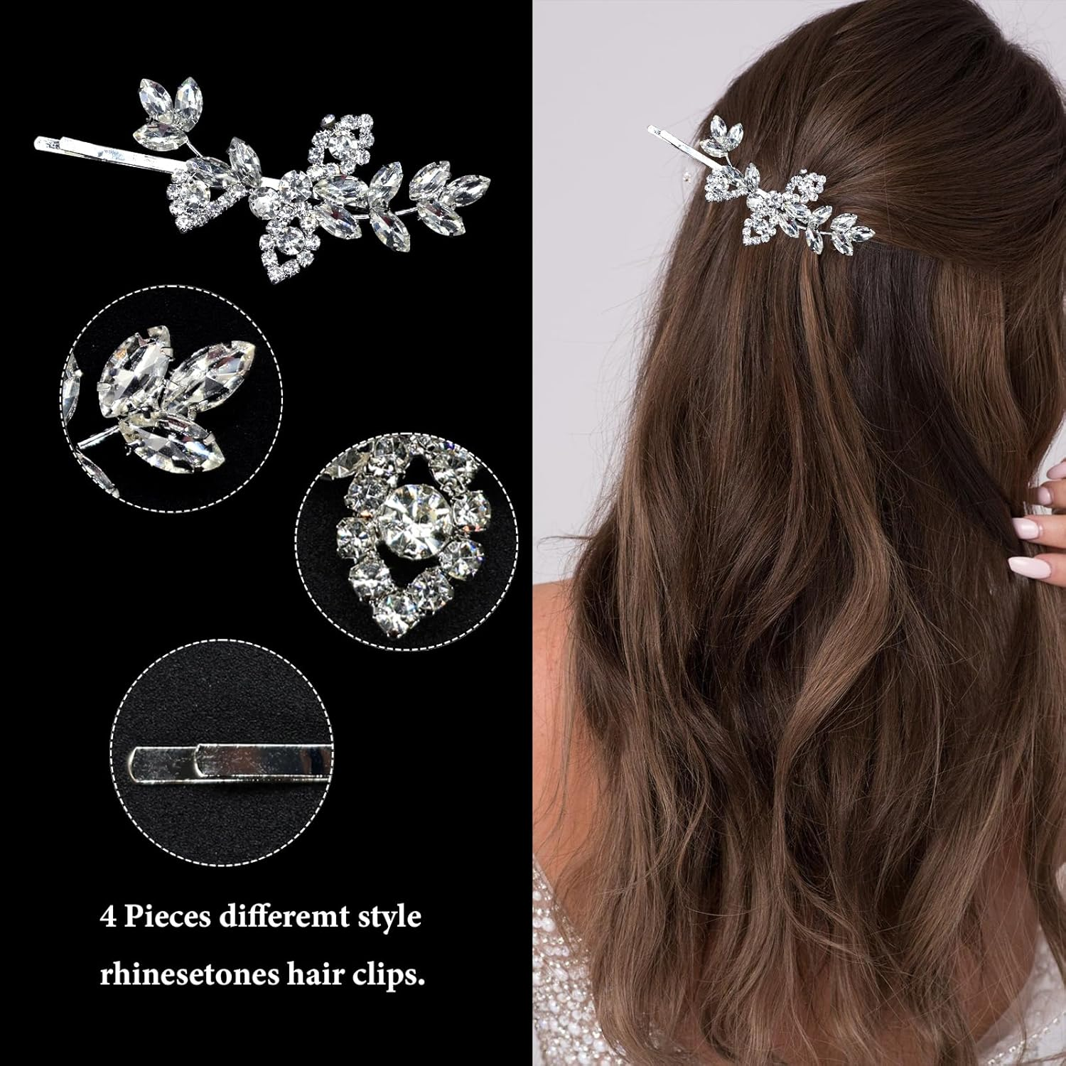 4 Pieces Rhinestone Hair Clips Leaf Wedding Hair Pins Crystal Bobby Pins Silver Bridal Hairpin Barrette for Brides Bridesmaids Flower Girls image number 2