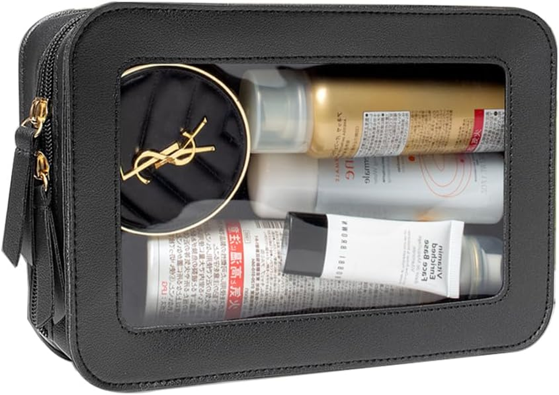 2Pcs Clear Makeup Bag Organizer, TSA Approved Portable Travel Toiletry Bag Set Multipurpose Cosmetic Bag Case for Women Vegan Leather Make up Pouch Makeup Brushes Storage Case Bags (Black C Set) image number 3