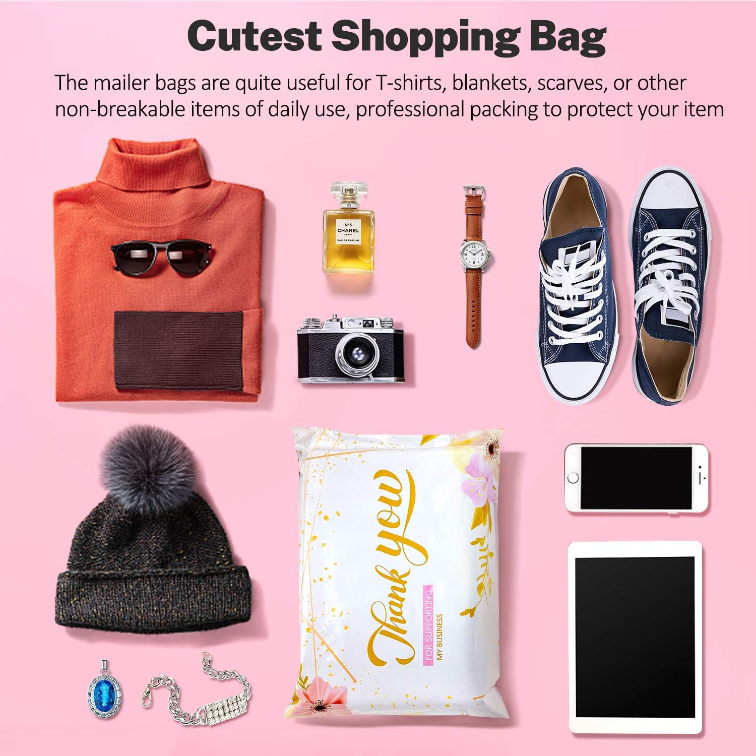 100 Pack Poly Mailers 10X13, Cute Packaging Envelope Mailers Polymailers Packaging for Small Business, Shipping Bags for Clothing Boutique Supplies with Self Seal Strip (Thank You)