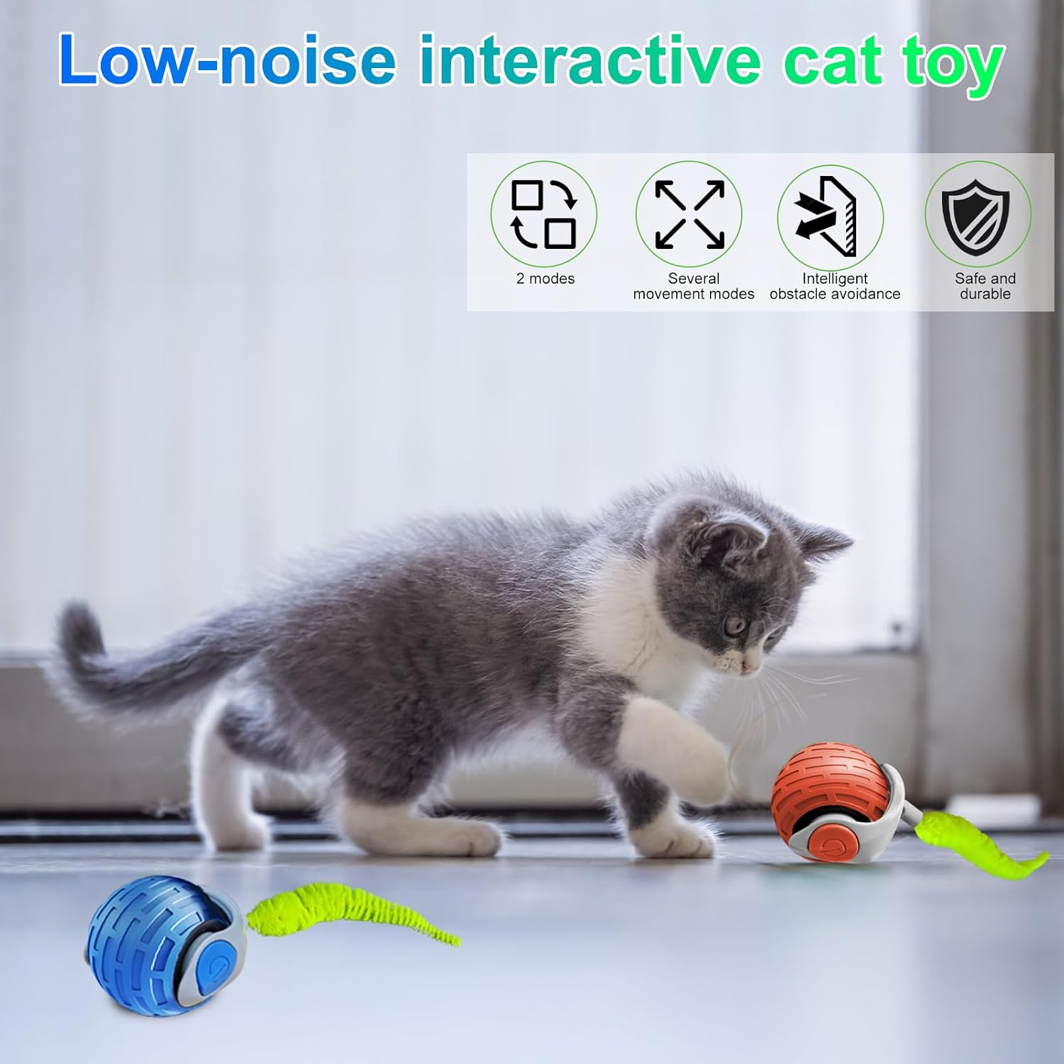 Wenosda Interactive Cat Toy Ball, 2Pcs Rechargeable Cat-Balls, Dog Automatic Electric Moving Rolling Ball, Rechargeable Smart Pet Toy with 2 Adjustment Modes (Blue +Red