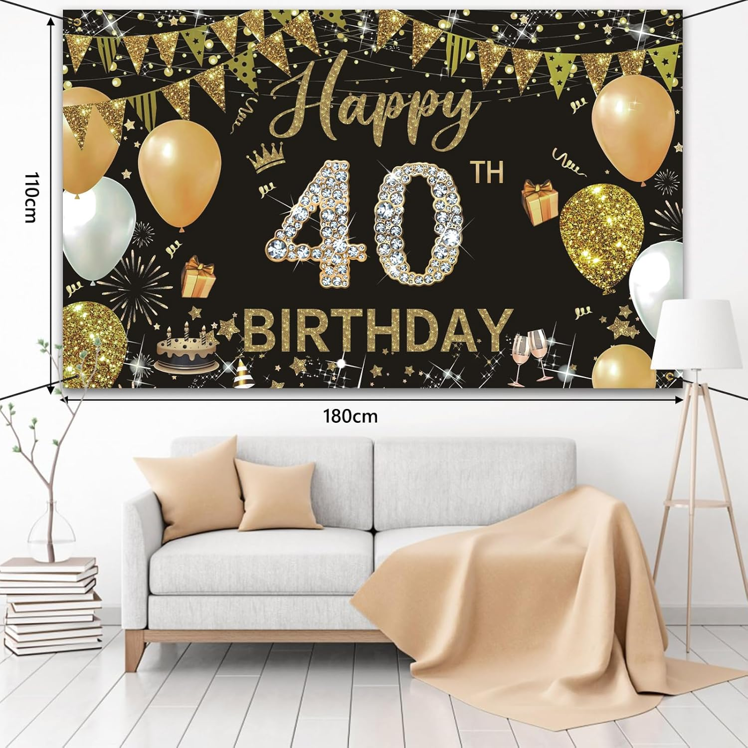 WVMNQO Happy Birthday Banner, 40Th Birthday Decorations Backdrop, Extra Large Black Gold Party Decorations, Perfect Birthday Party Supplies Photography Background for Men, and Women, 180X110Cm - 16Th image number 2