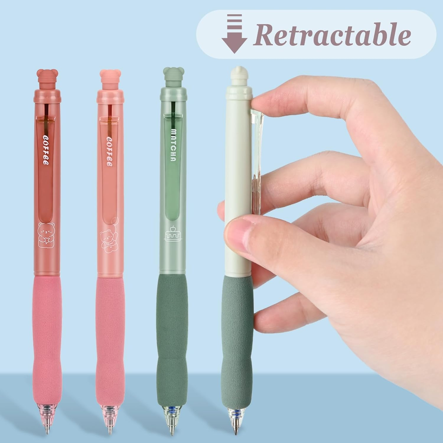 BAYTORY 8Pcs Retractable Erasable Gel Pens, 4 Blue & 4 Black Ink 0.5 Mm Fine Point with Cute Eraser, Smooth Write Quick Dry School Office Note Taking Journaling Supplies (Pink & Green) - Green image number 7