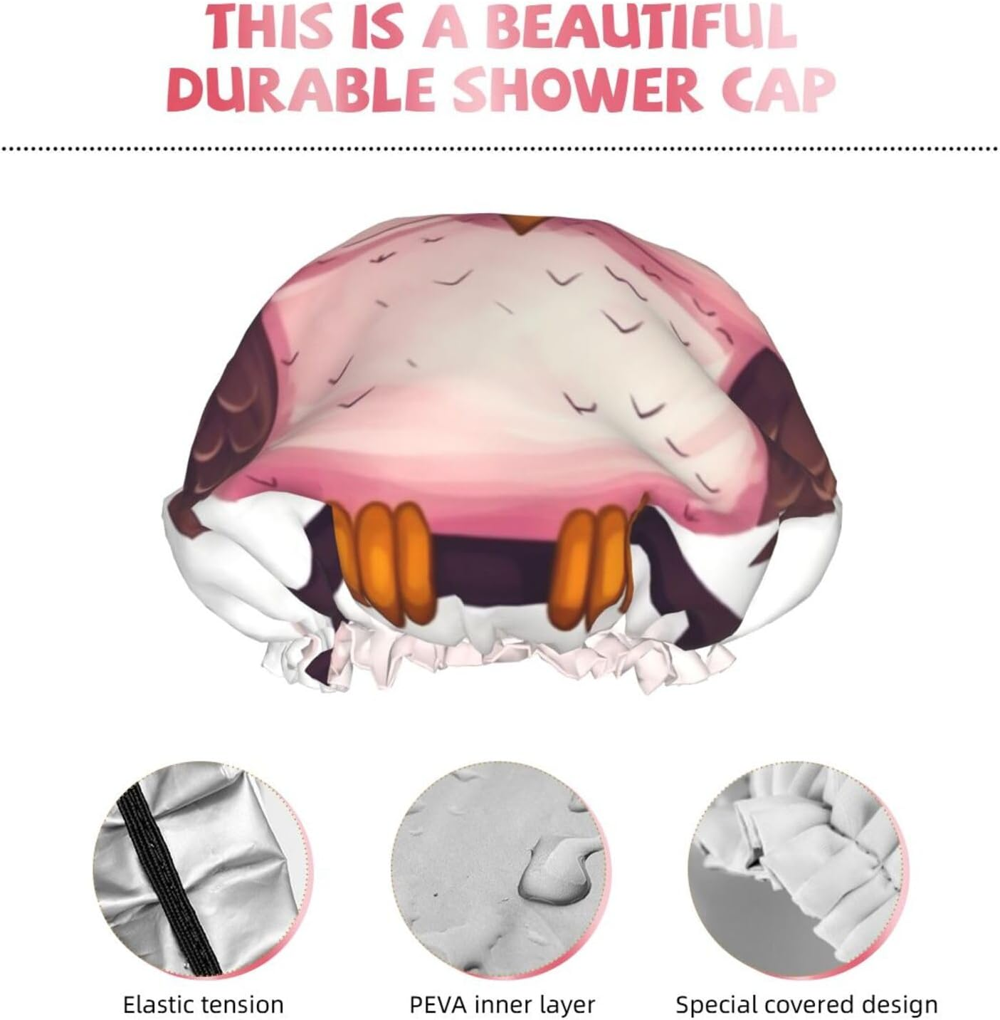 Cute Owl Shower Cap for Women Reusable Double Layers Bathing Bath Cap Hair Caps Waterproof Elastic Band Ladies Spa Salon Shower Hat Hair Caps image number 2
