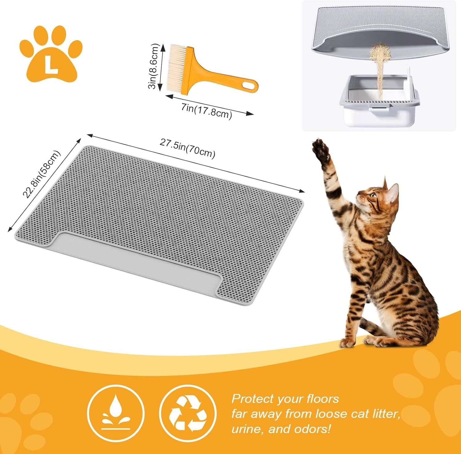 BREENHILL 70X58Cm Cat Litter Mat, Trapping Mat with Brush for Cat Litter Box Waterproof Easy Clean Double Layer Design Washable, Floor Protector-Xl-Grey image number 6